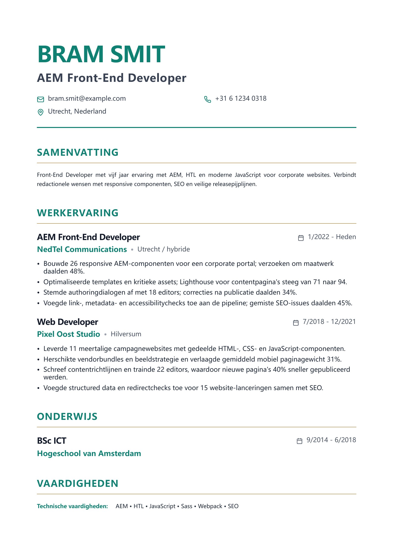 Voorbeeld van Nederlandse cv-voorbeelden voor front-end developers met gratis PDF-download
