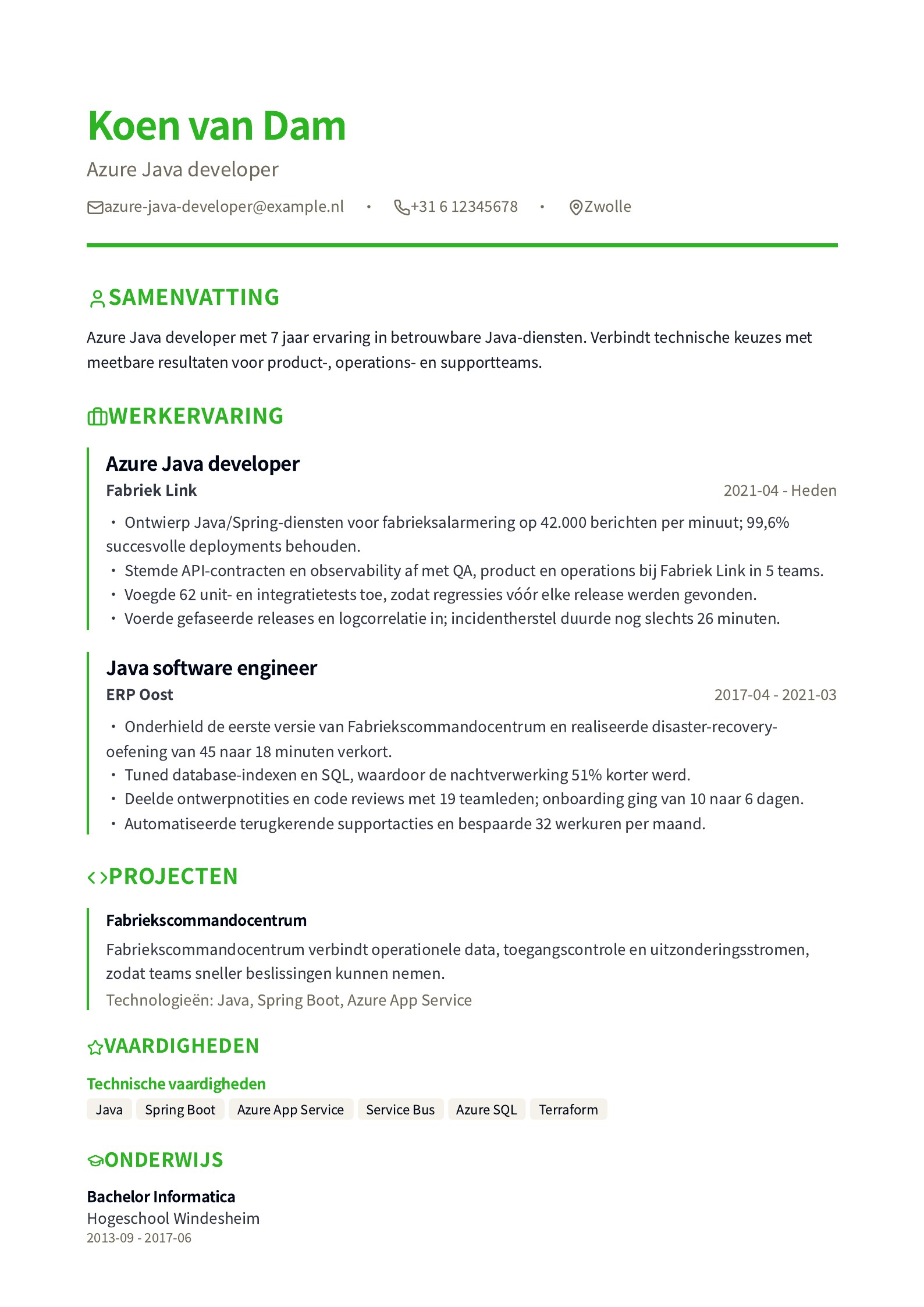 Azure Java developer cv-voorbeeld voorbeeld