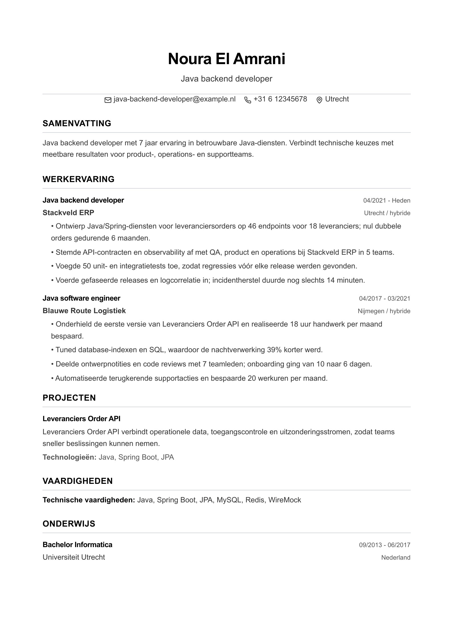 Java backend developer cv-voorbeeld voorbeeld