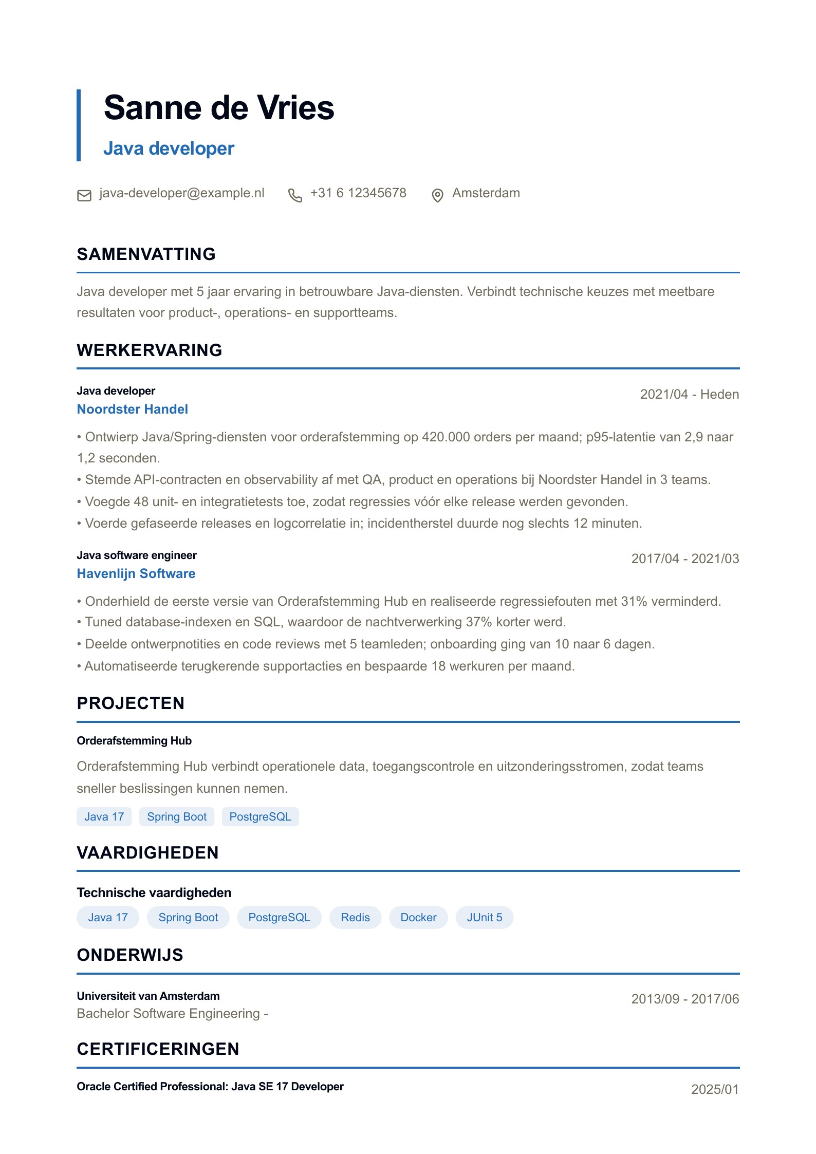 Java developer cv-voorbeeld voorbeeld