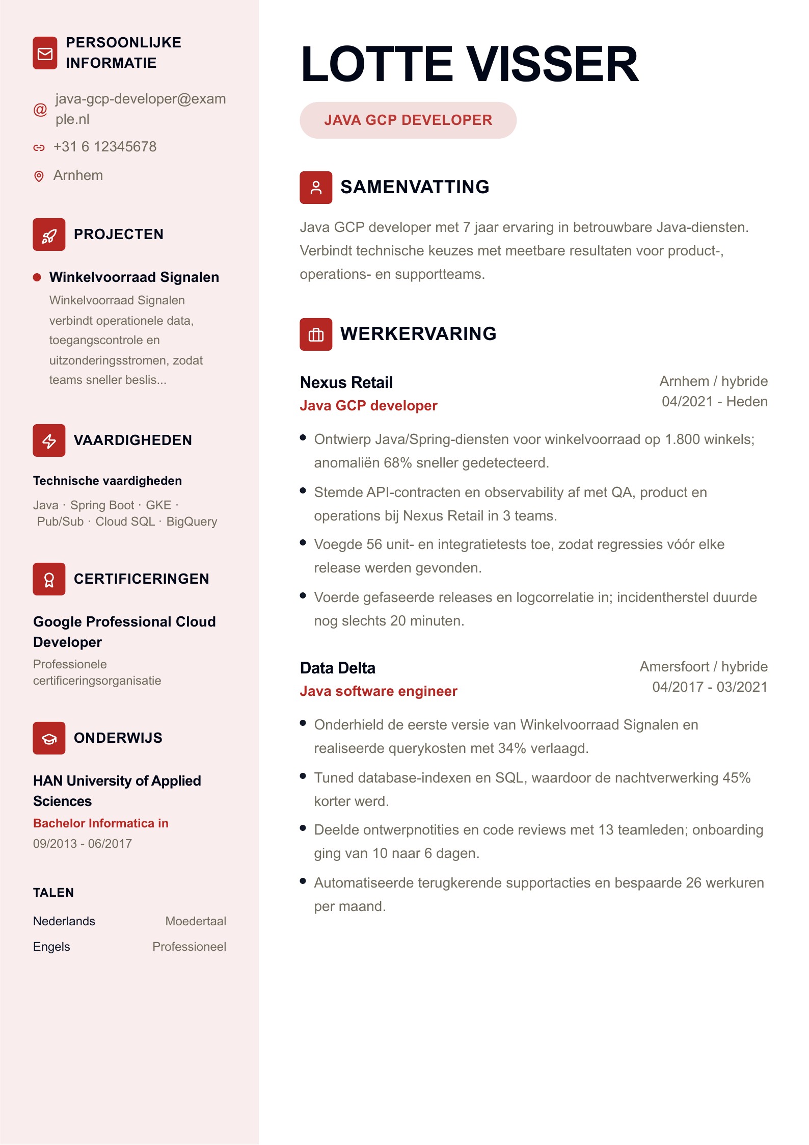 Java GCP developer cv-voorbeeld voorbeeld