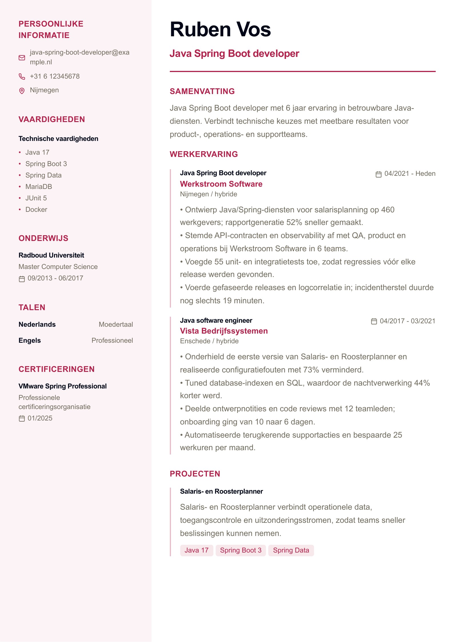 Java Spring Boot developer cv-voorbeeld voorbeeld