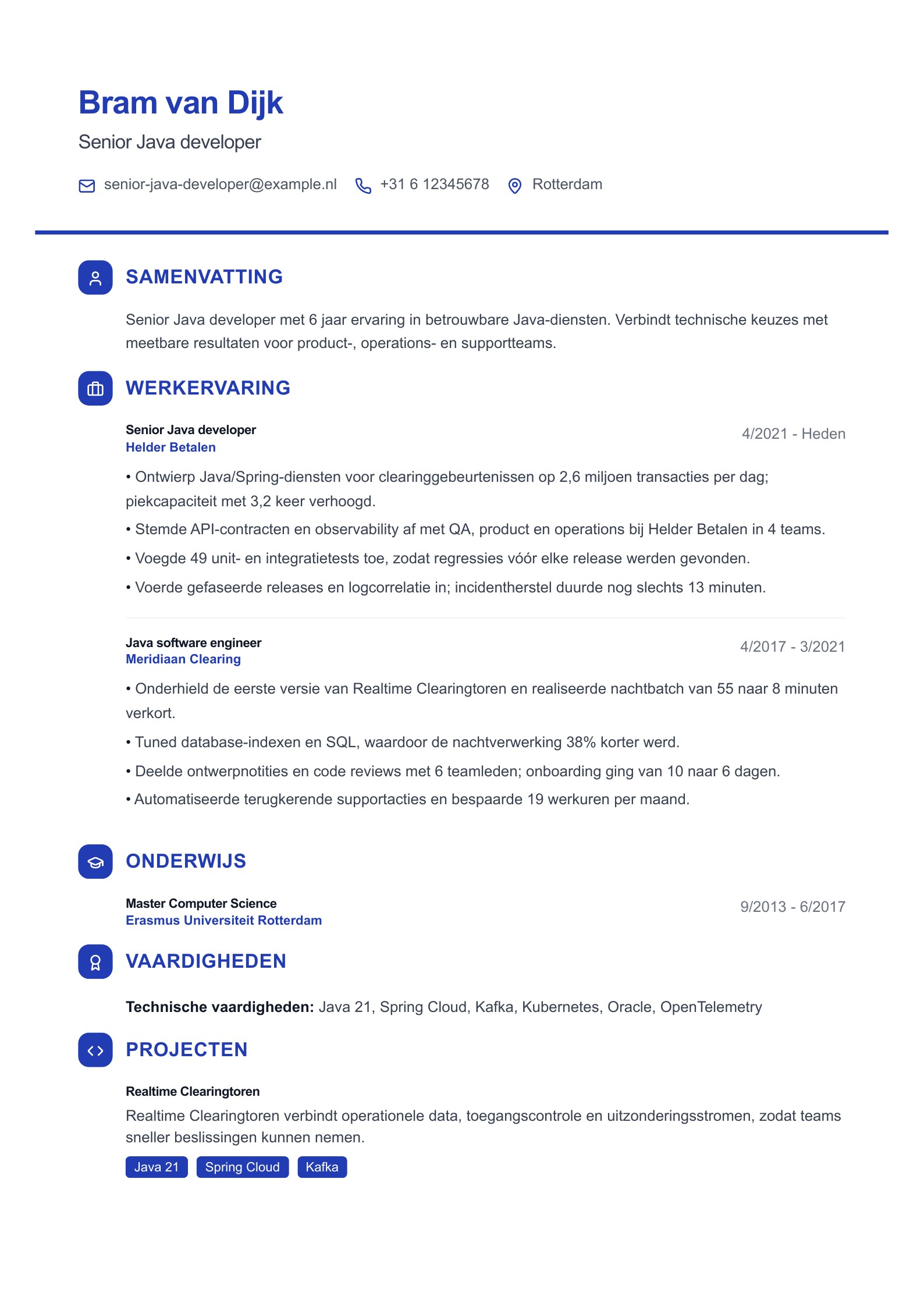 Senior Java developer cv-voorbeeld voorbeeld