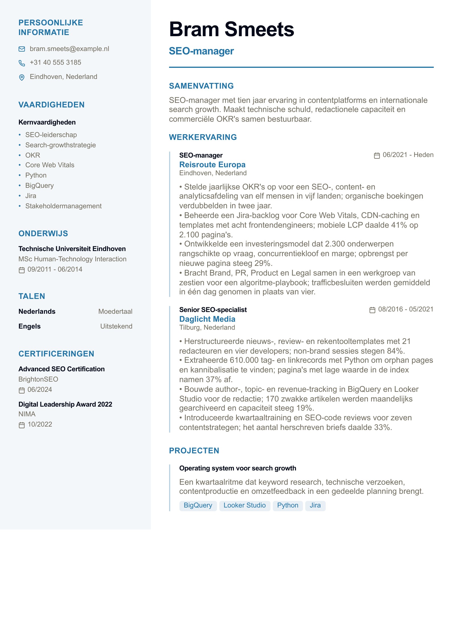 SEO-manager cv - Nederlands cv-voorbeeld