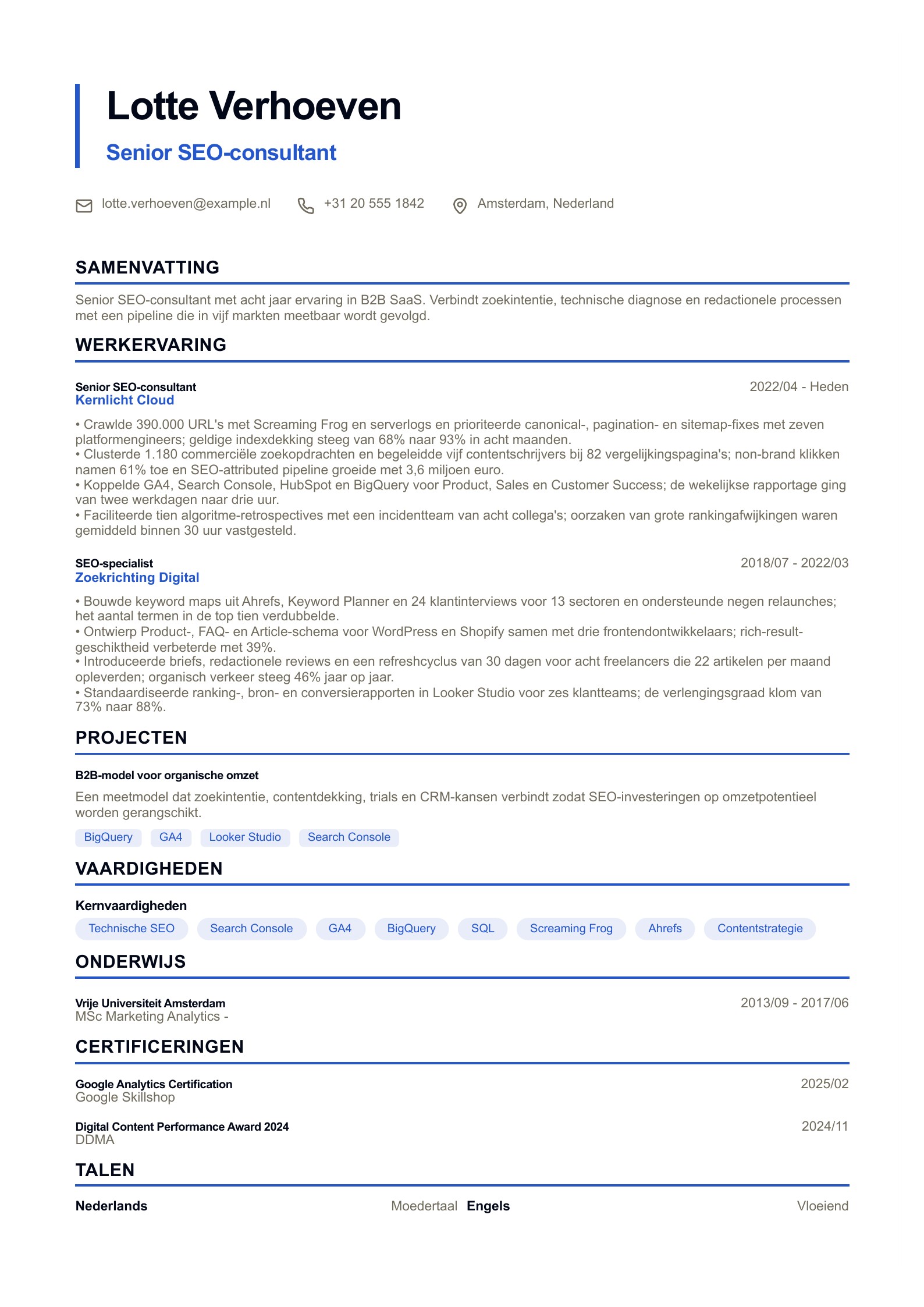 SEO-cv - Nederlands cv-voorbeeld