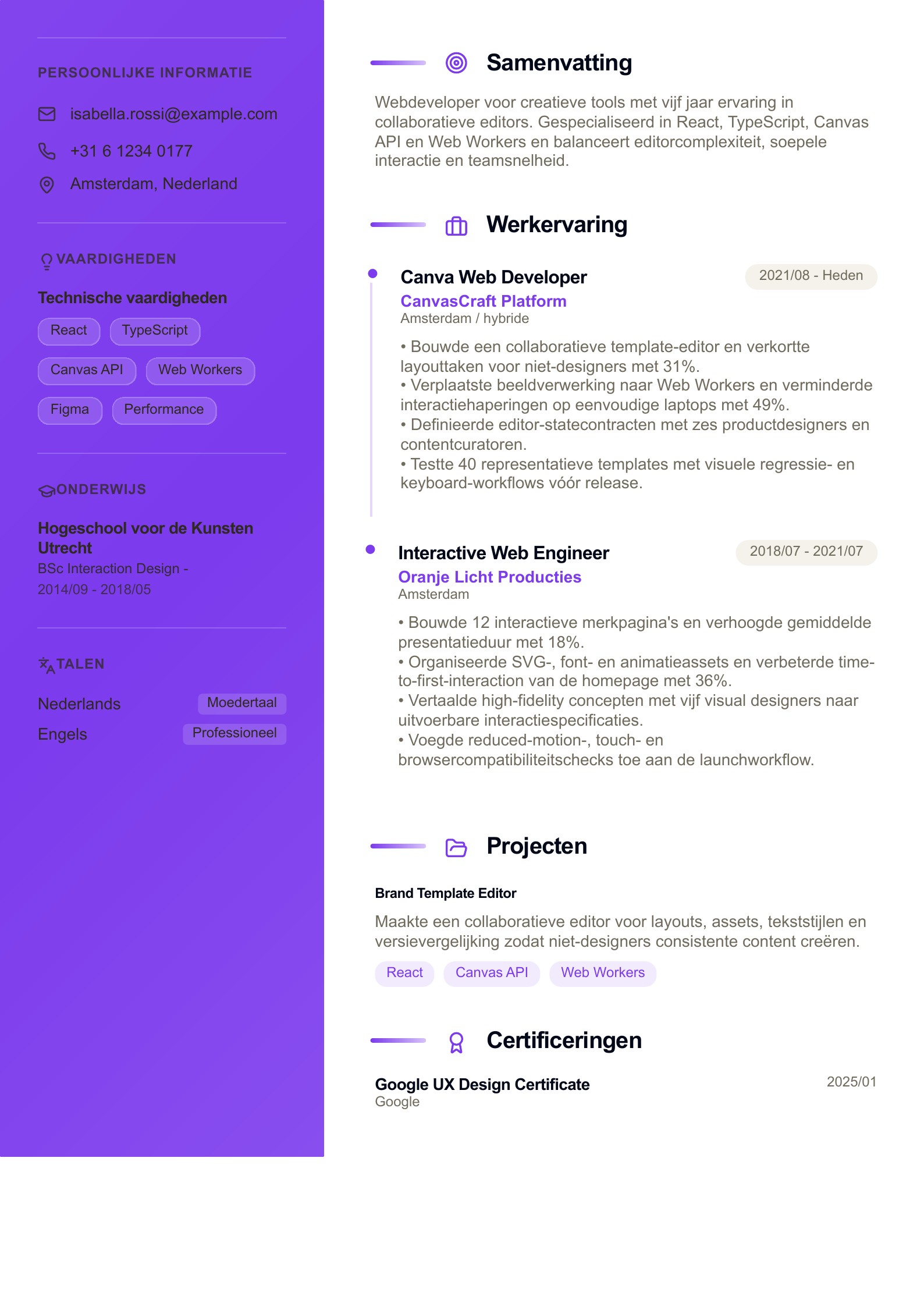 Cv van Canva Web Developer - Nederlands voorbeeld
