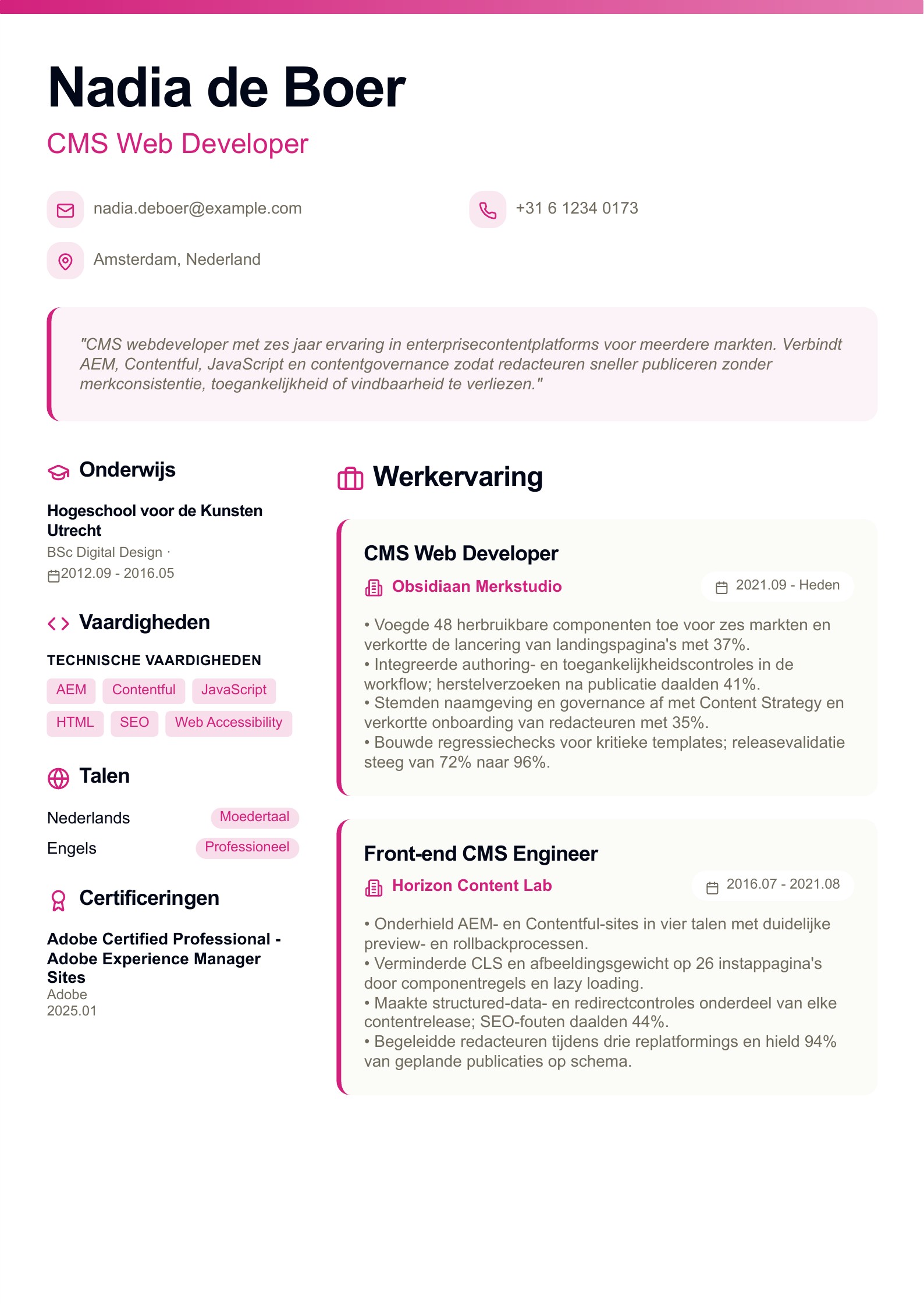 Cv van CMS Web Developer - Nederlands voorbeeld