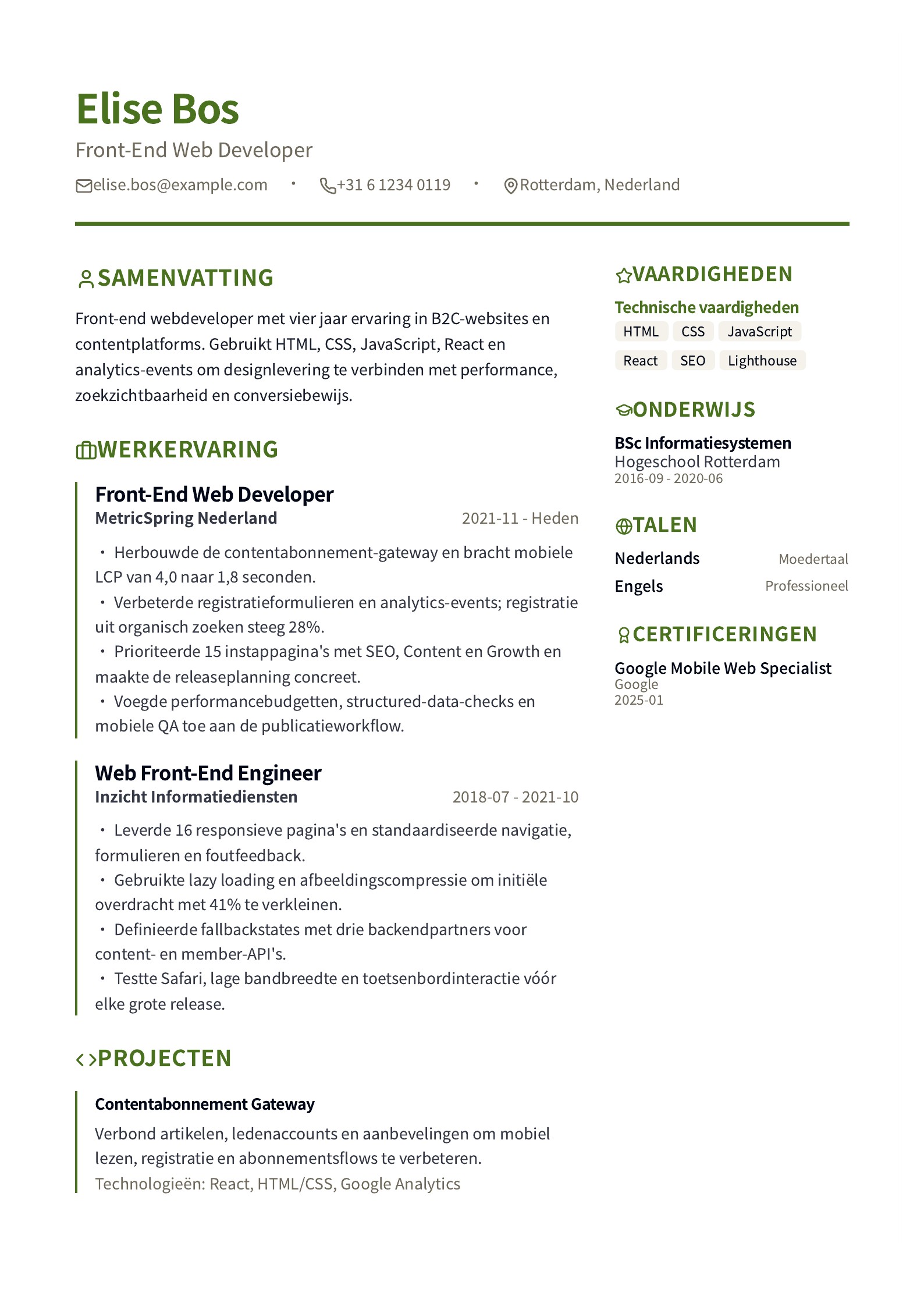 Cv van Front-End Web Developer - Nederlands voorbeeld