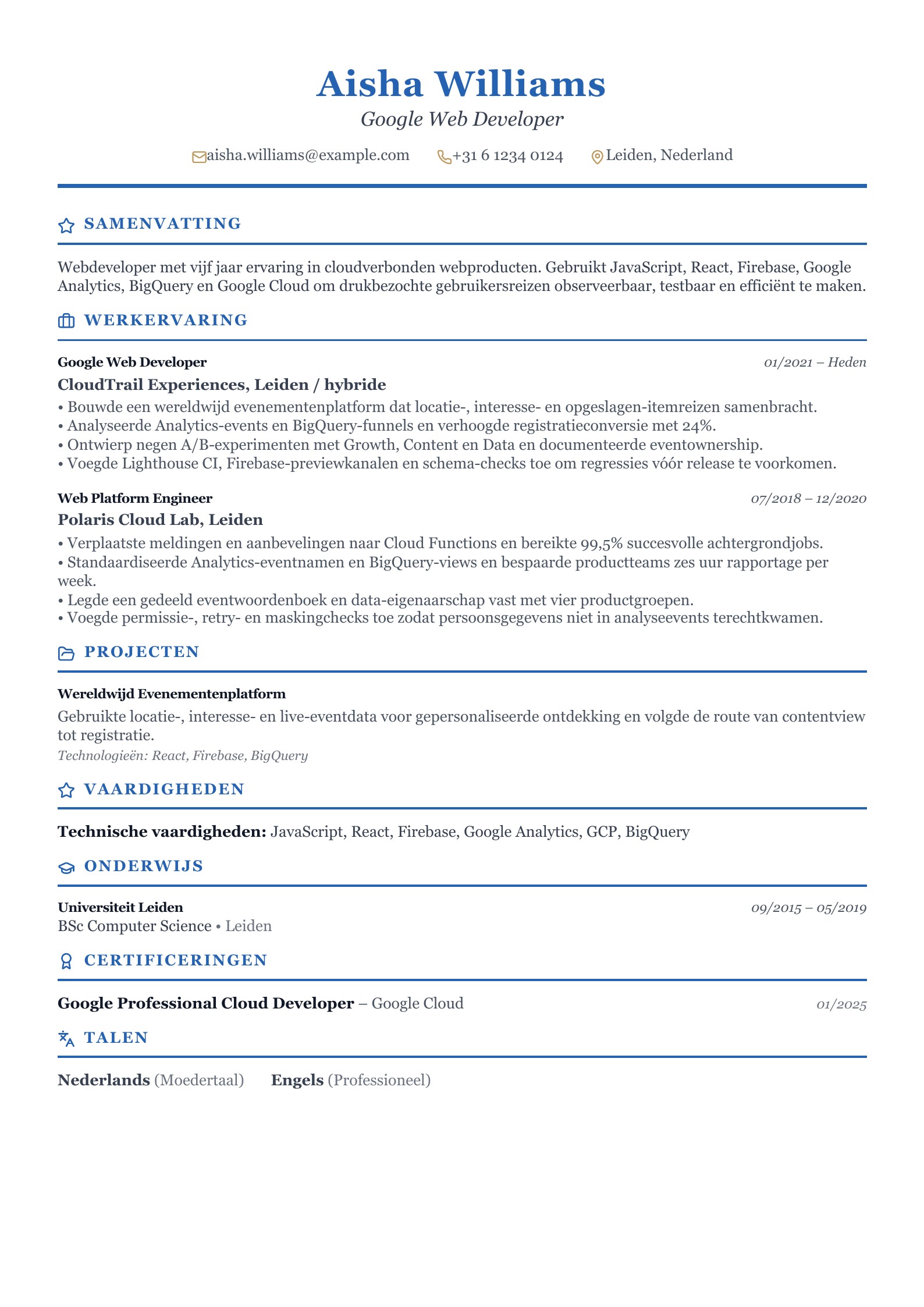 Cv van Google Web Developer - Nederlands voorbeeld