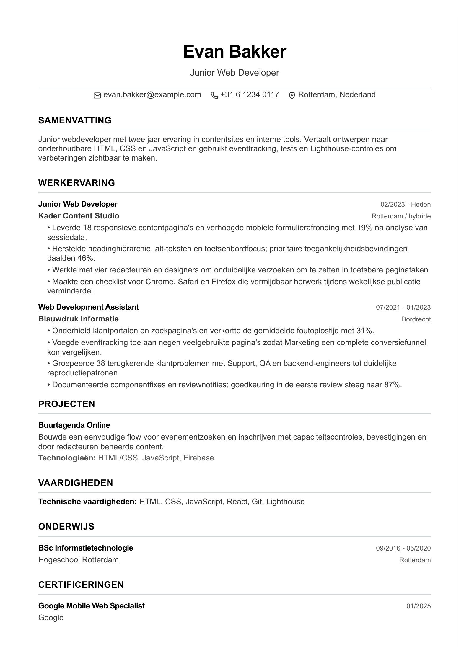 Cv van Junior Web Developer - Nederlands voorbeeld