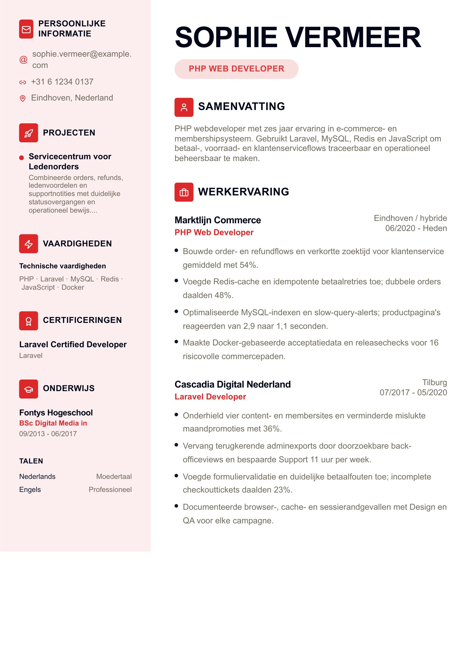 Cv van PHP Web Developer - Nederlands voorbeeld