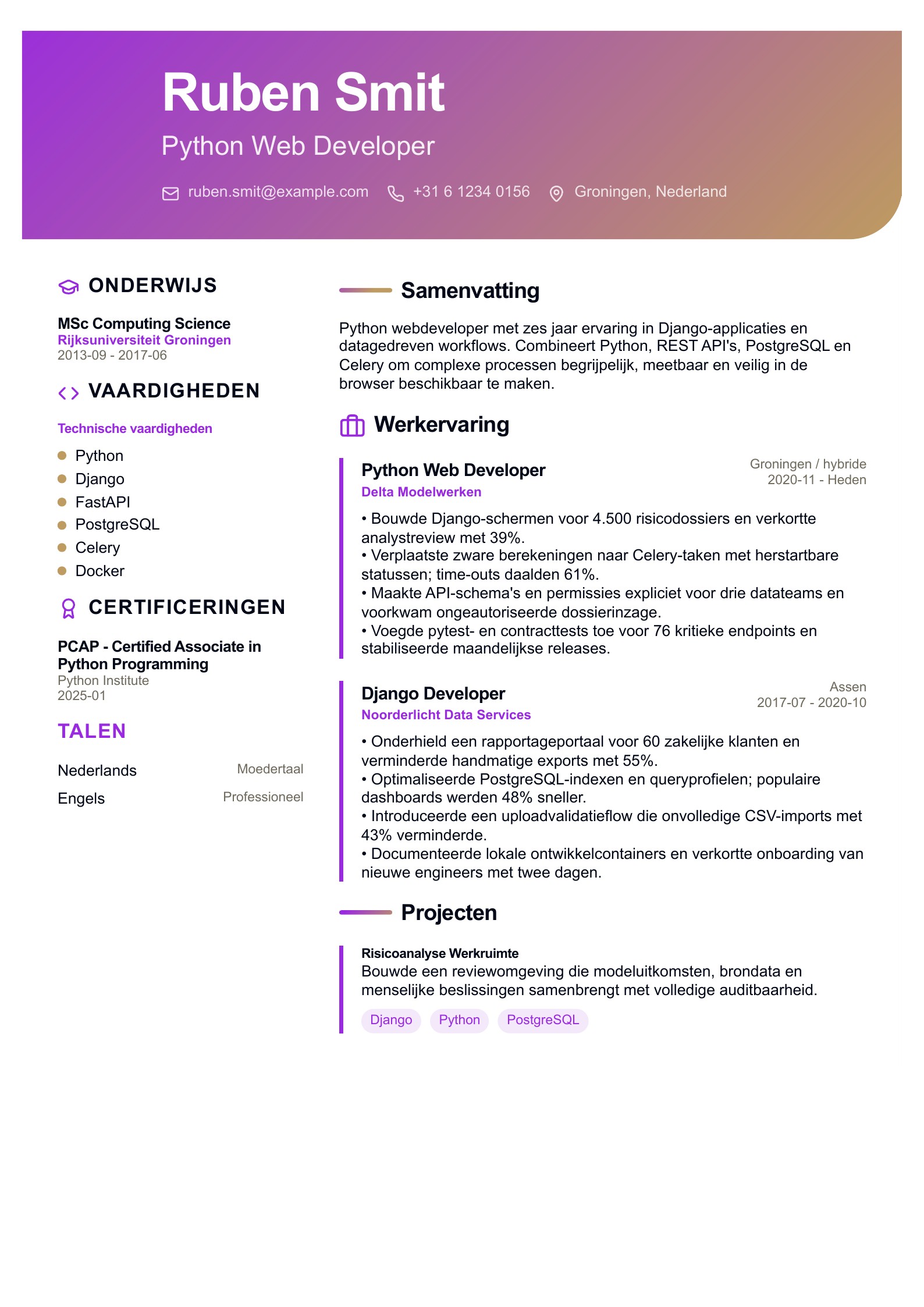 Cv van Python Web Developer - Nederlands voorbeeld