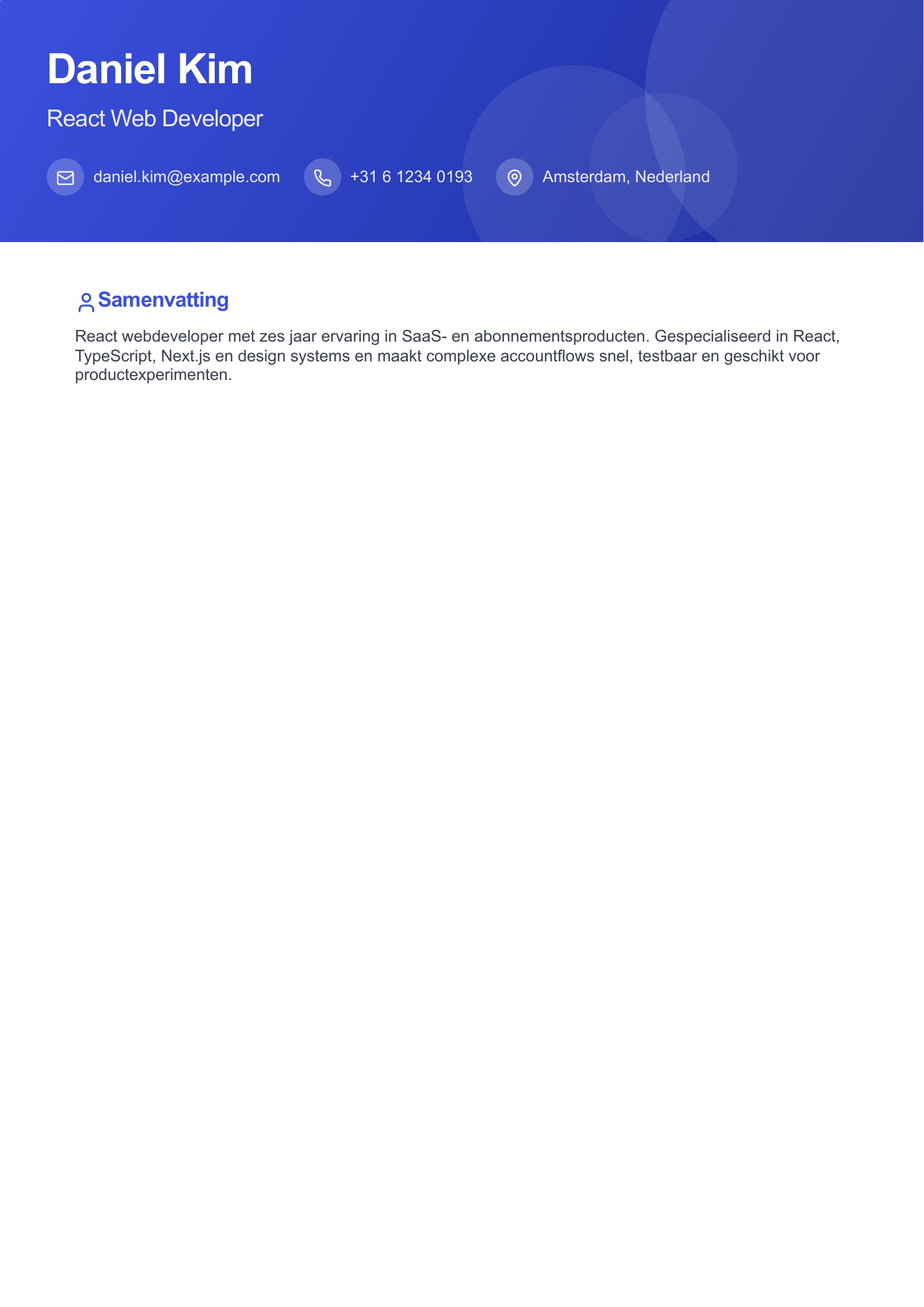 Cv van React Web Developer - Nederlands voorbeeld