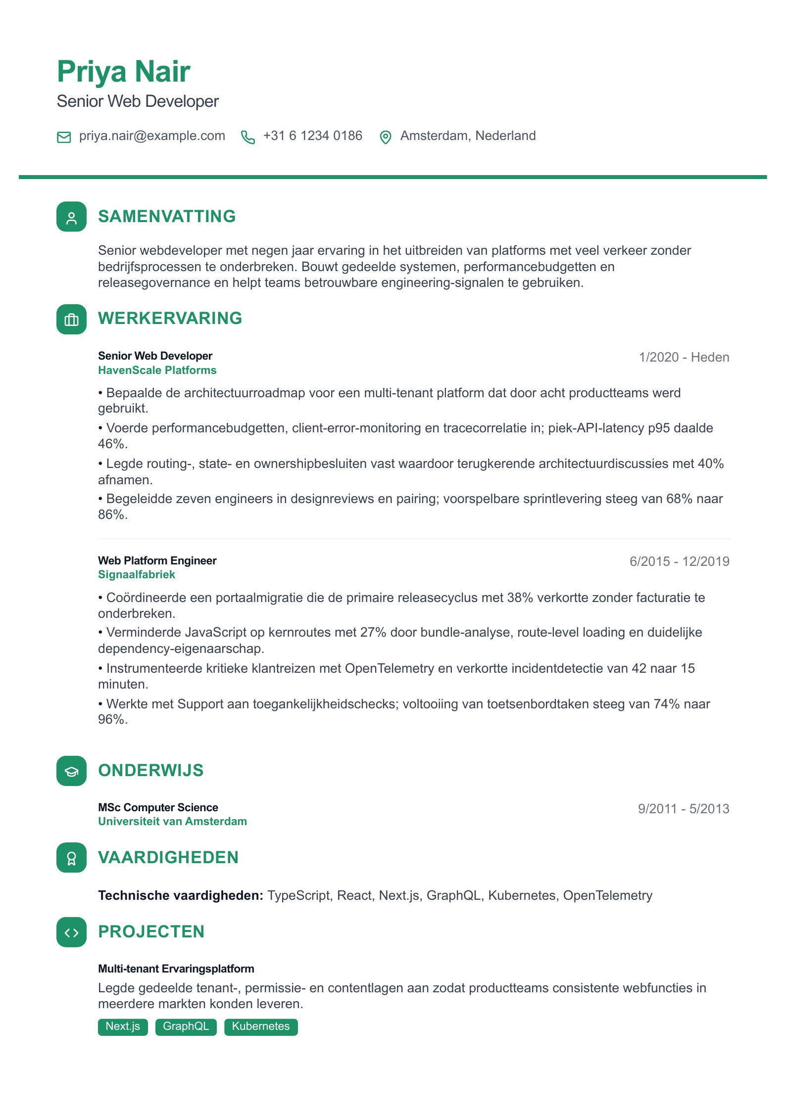 Cv van Senior Web Developer - Nederlands voorbeeld
