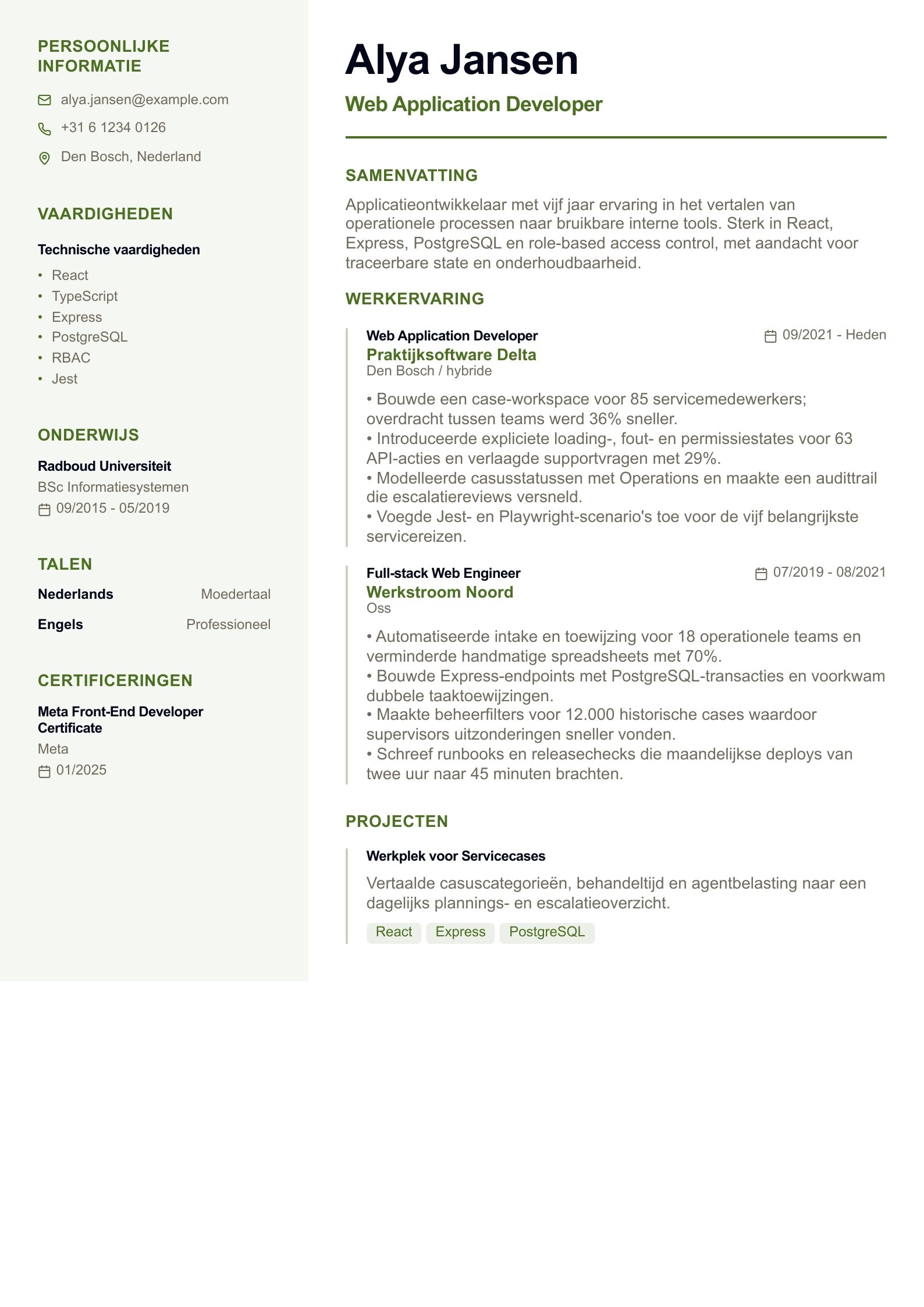Cv van Web Application Developer - Nederlands voorbeeld
