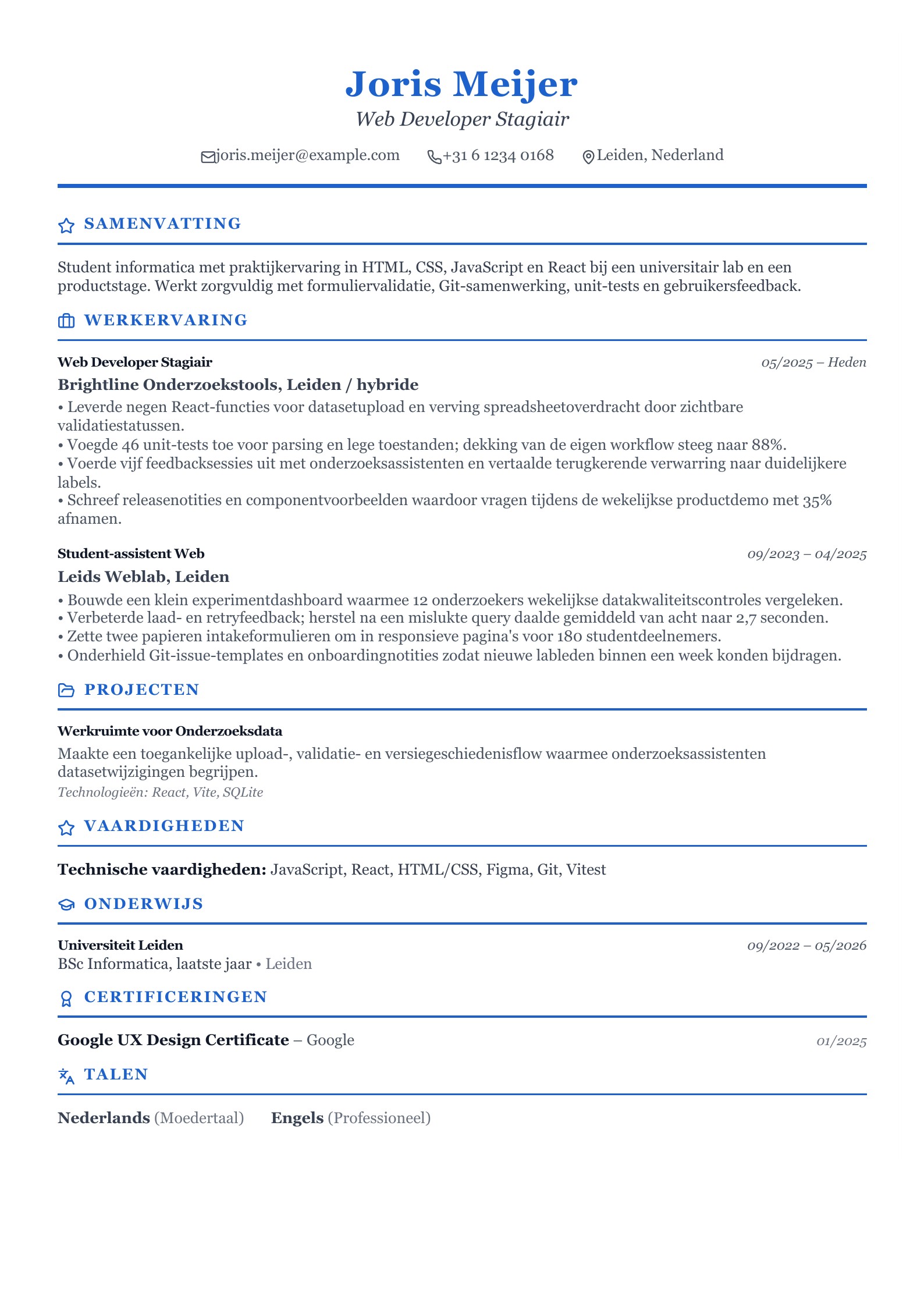 Cv van Web Developer Stagiair - Nederlands voorbeeld