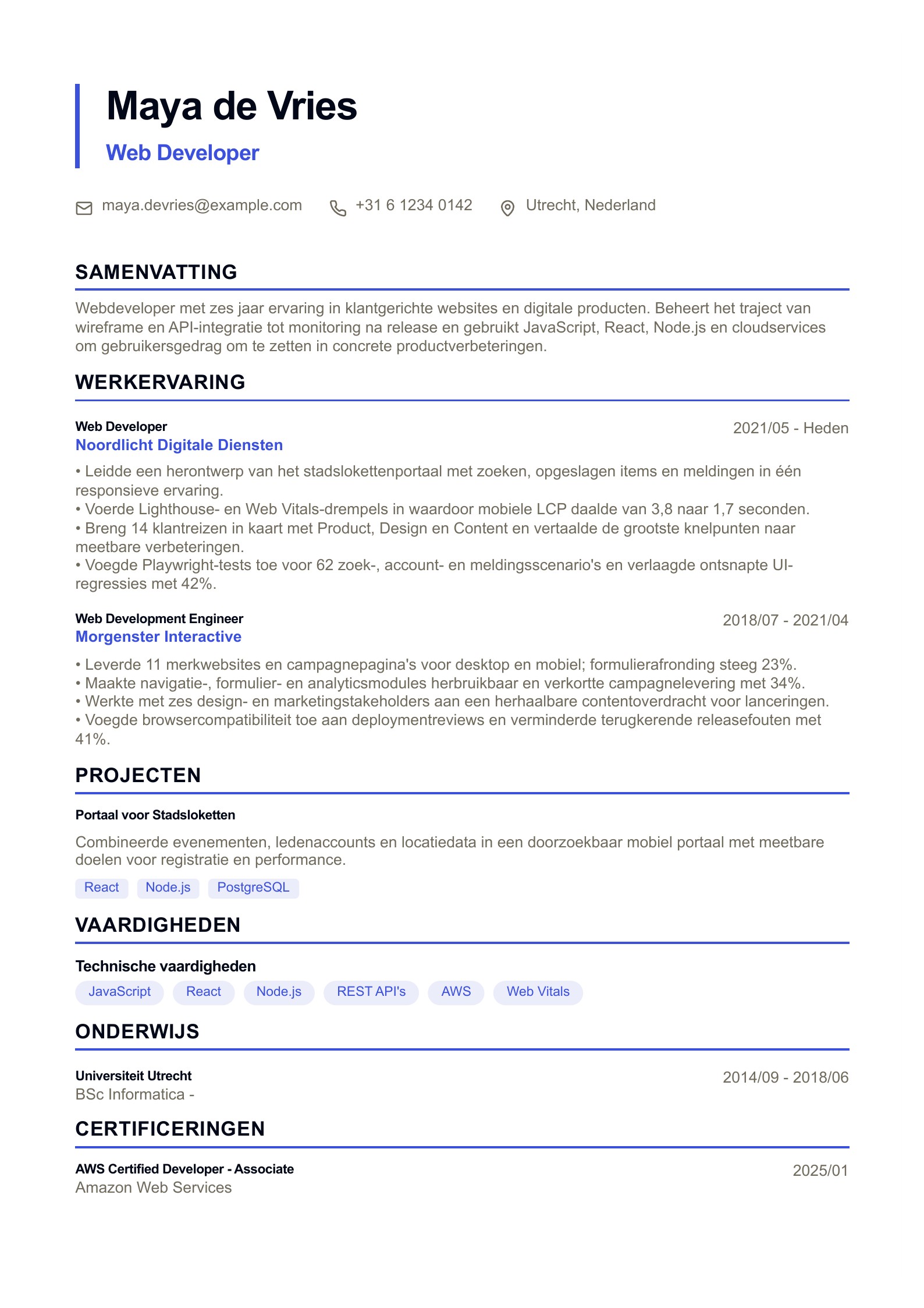 Cv van Web Developer - Nederlands voorbeeld