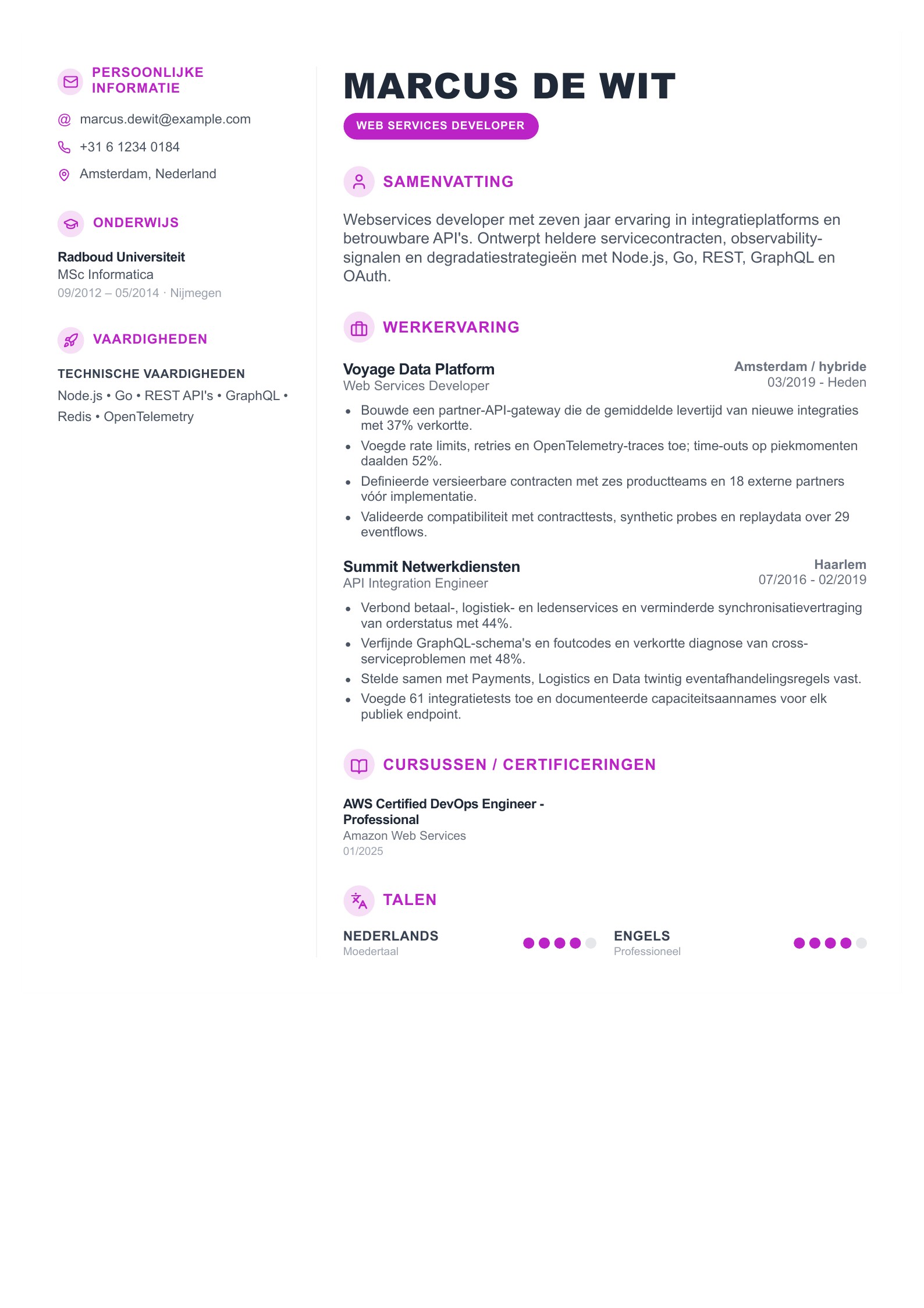 Cv van Web Services Developer - Nederlands voorbeeld