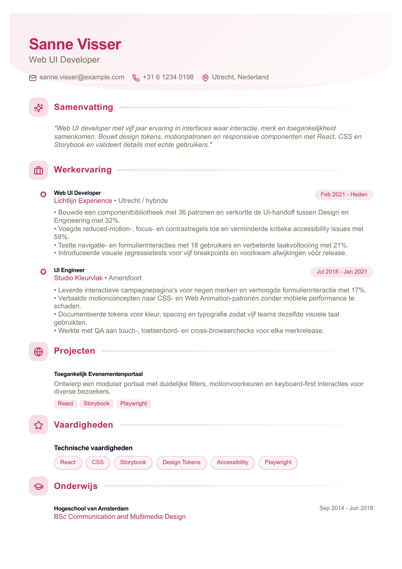 Cv van Web UI Developer - Nederlands voorbeeld
