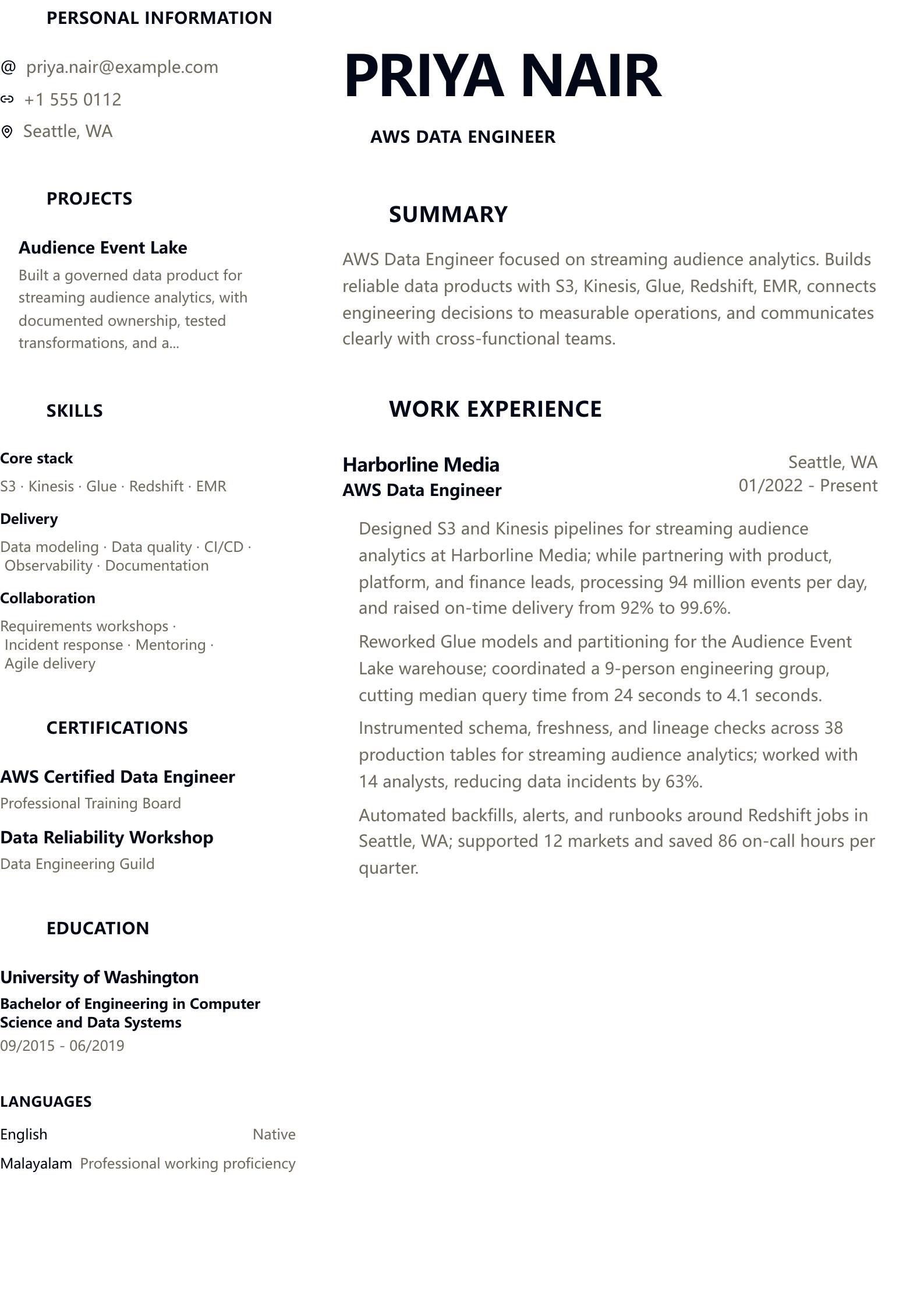 AWS Data Engineer Resume preview