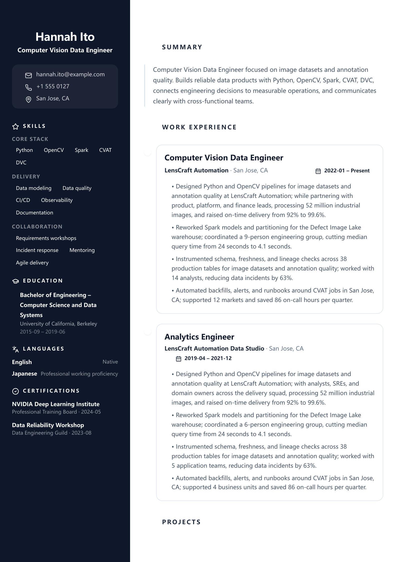 Computer Vision Data Engineer Resume preview