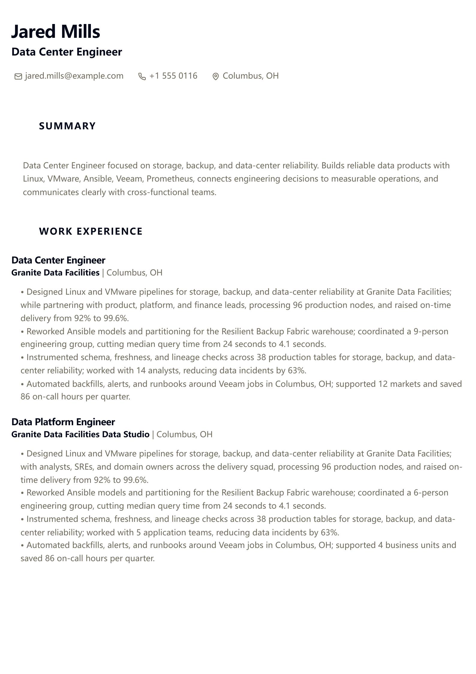 Data Center Engineer Resume preview