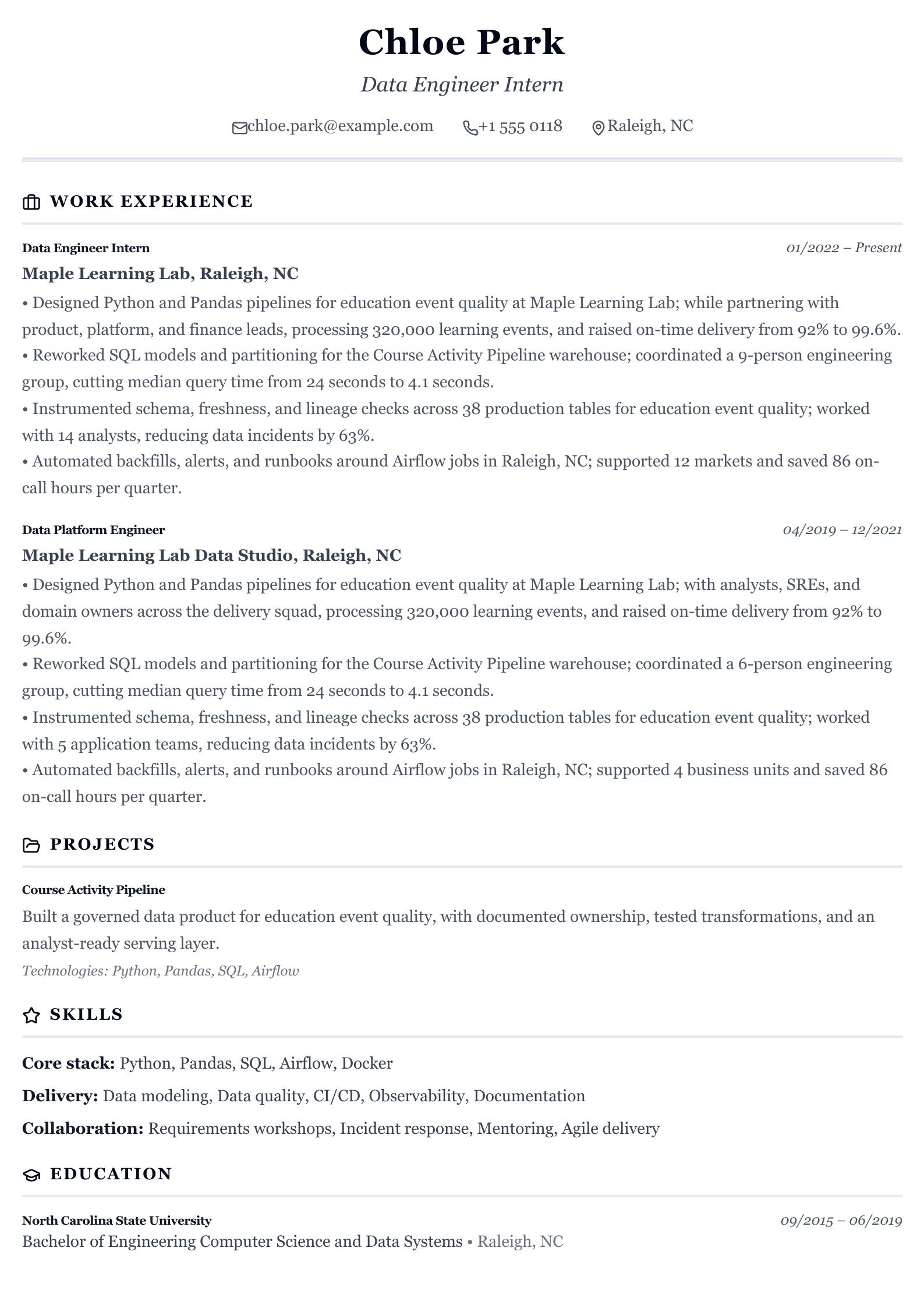 Data Engineer Intern Resume preview