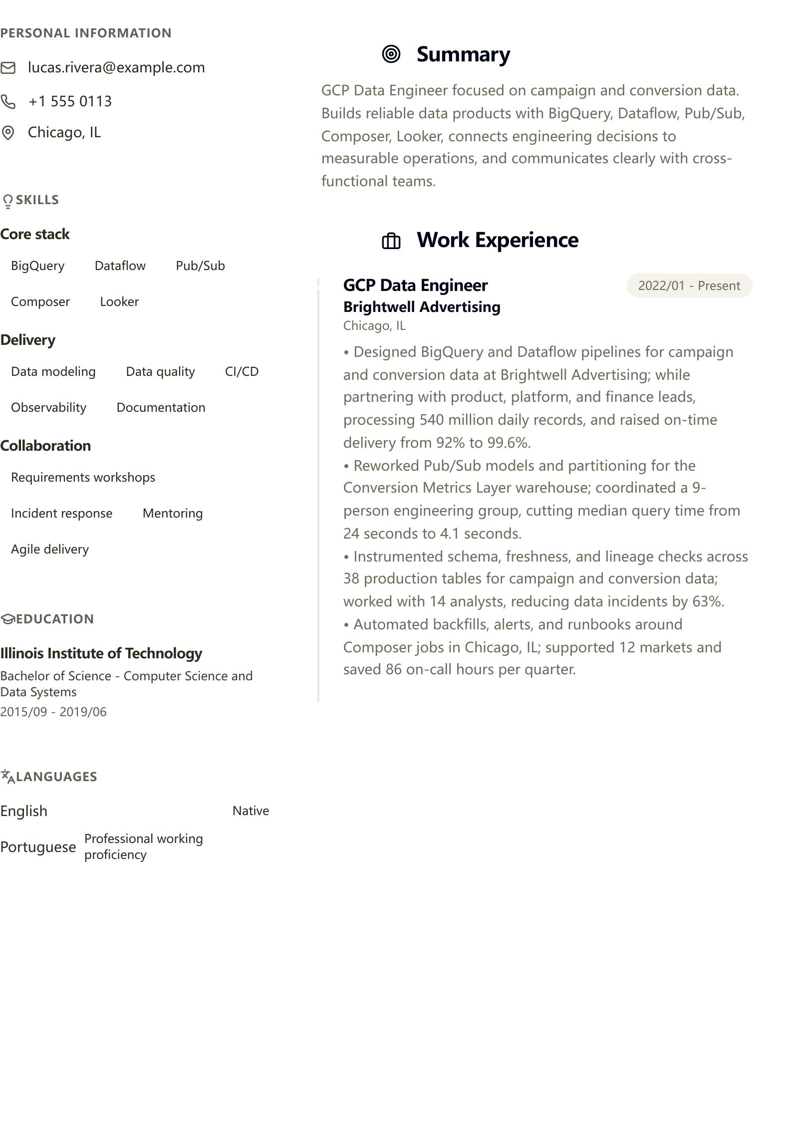 Google Cloud Data Engineer Resume preview