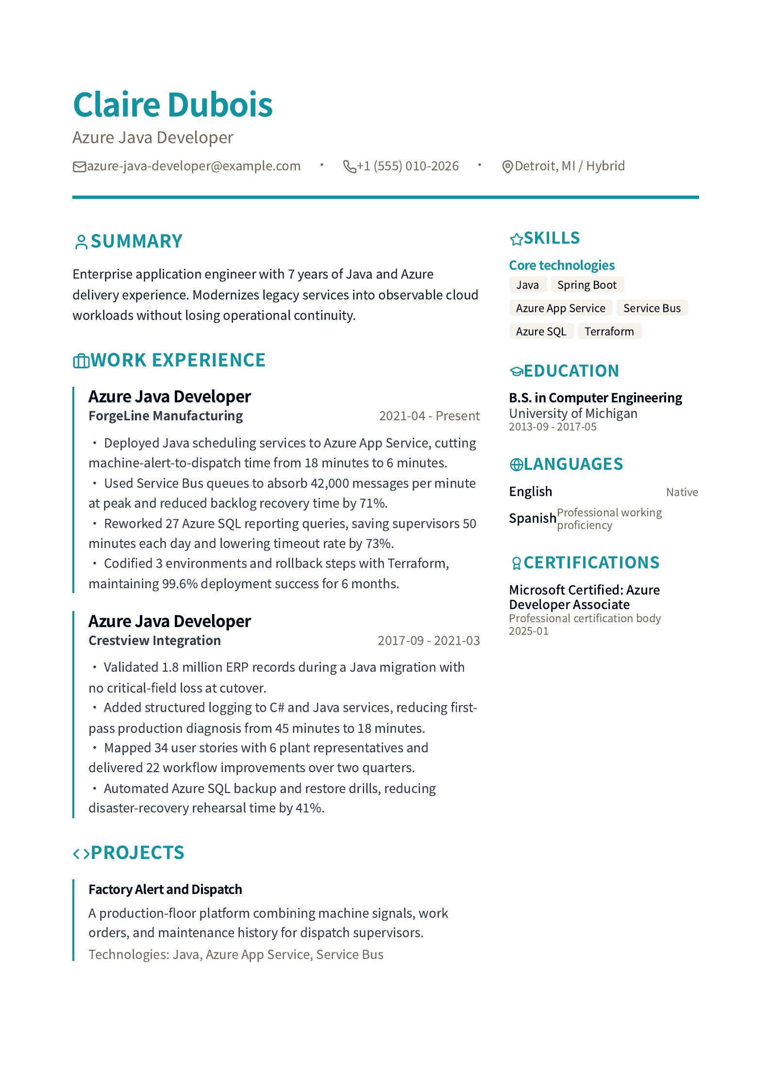 Azure Java Developer Resume preview
