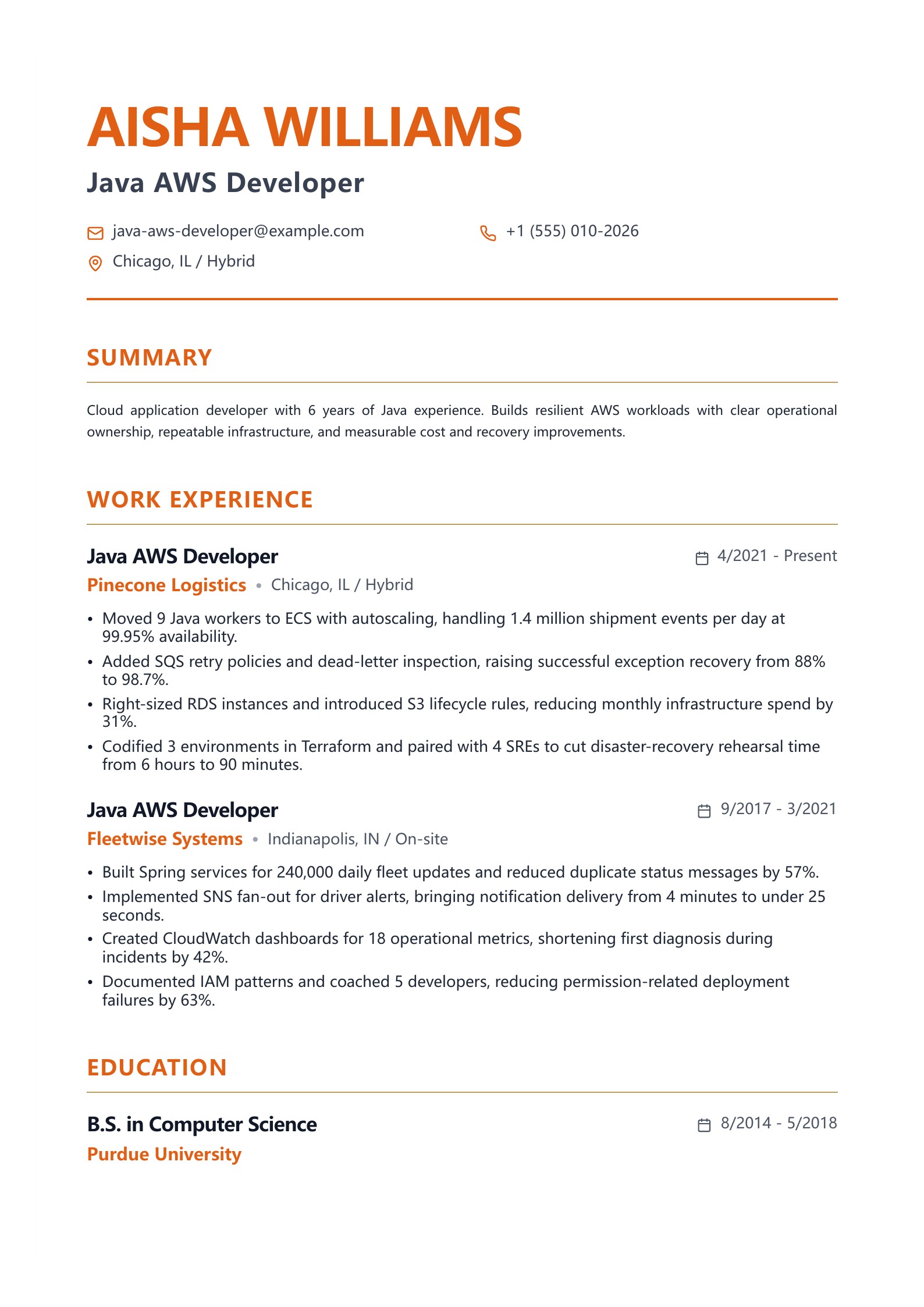 Java AWS Developer Resume preview