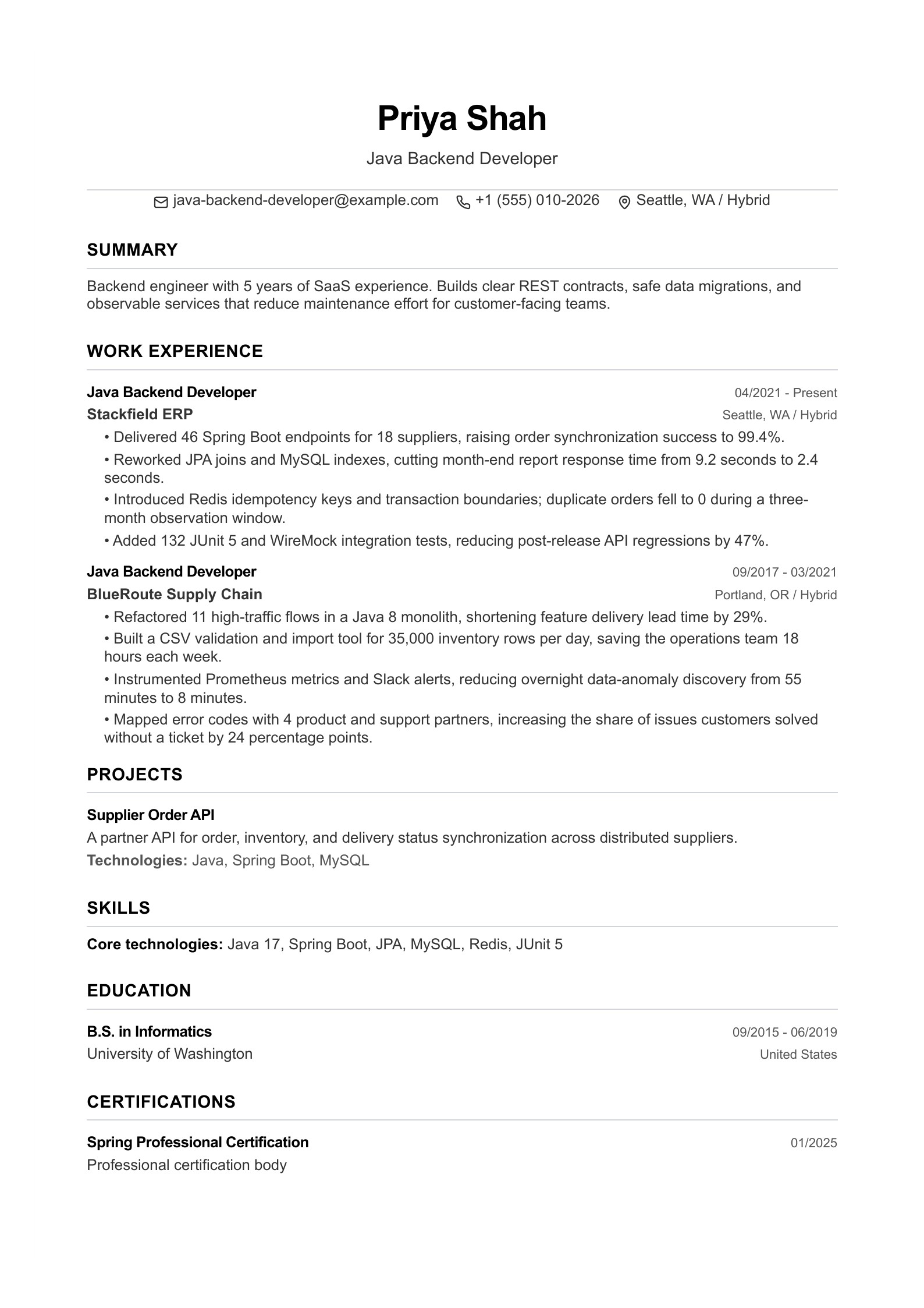Java Backend Developer Resume preview