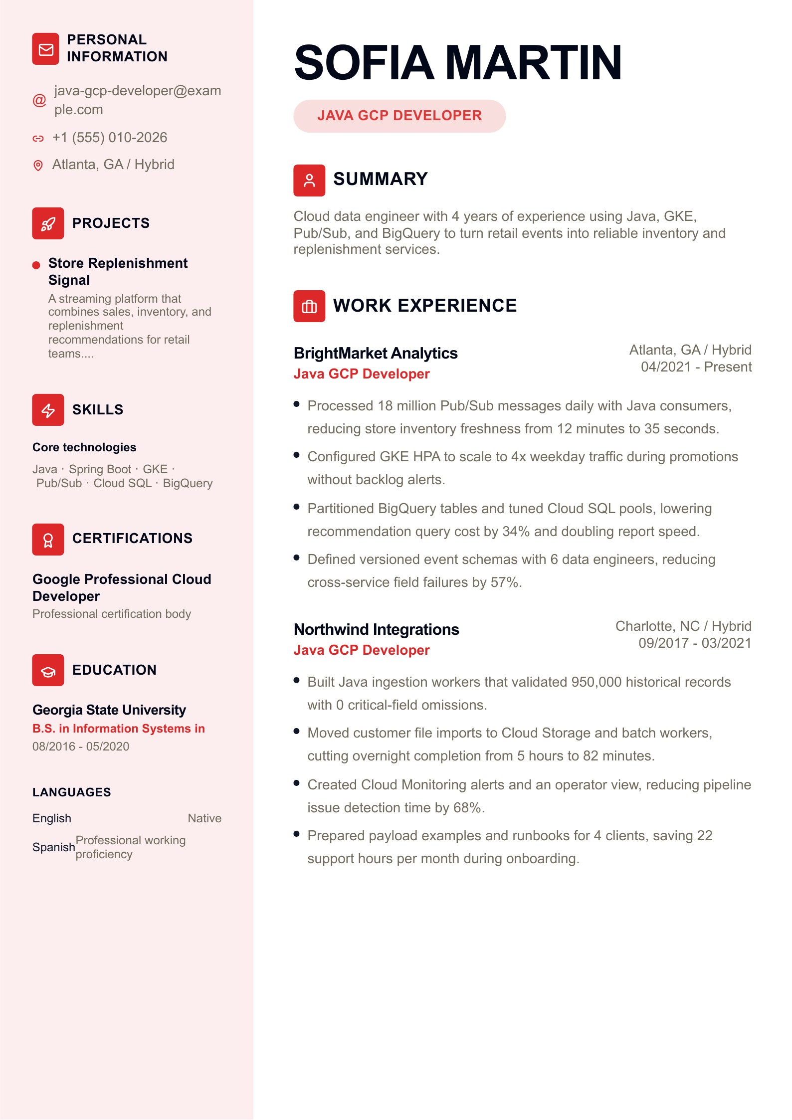 Java GCP Developer Resume preview