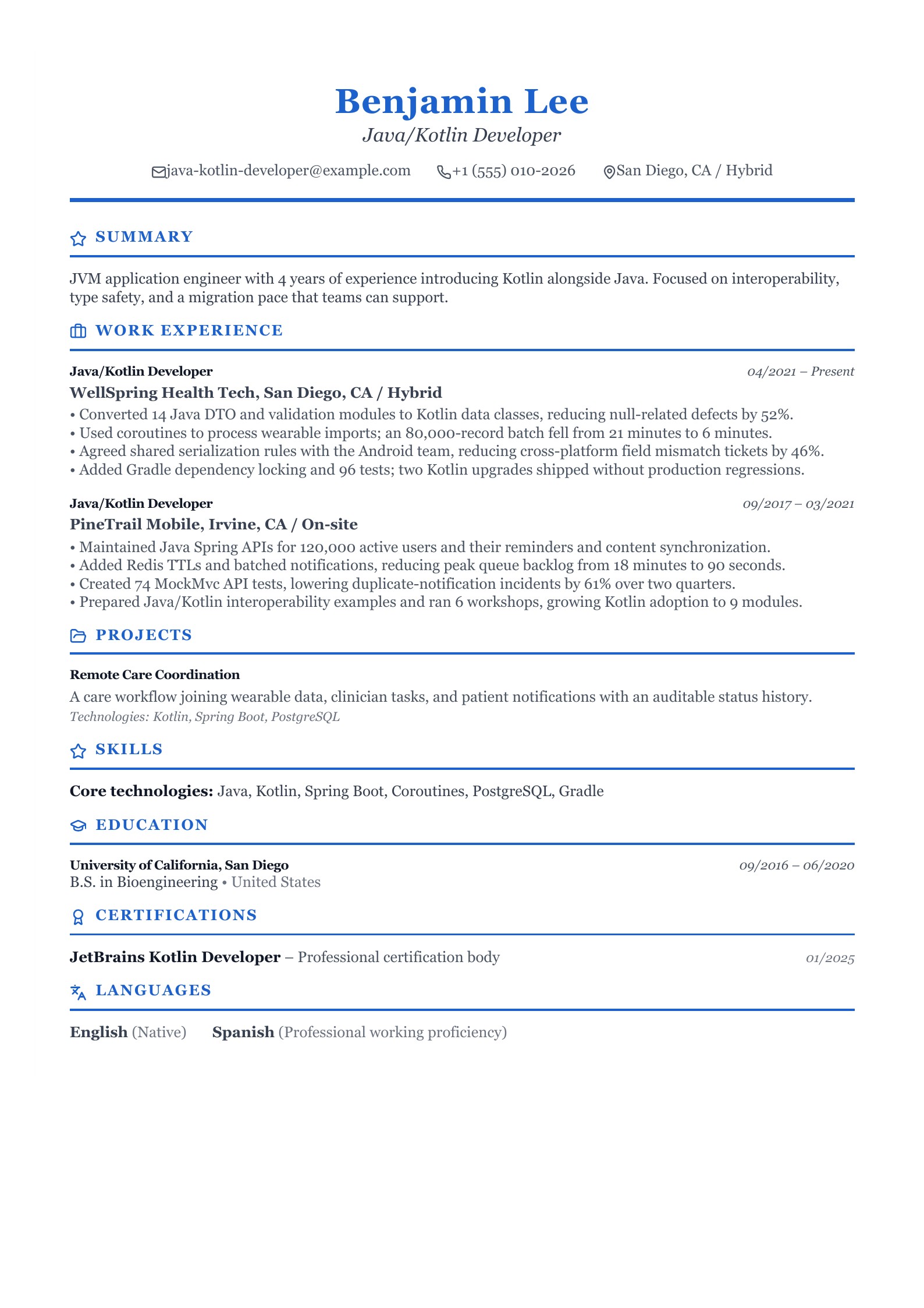 Java Kotlin Developer Resume preview