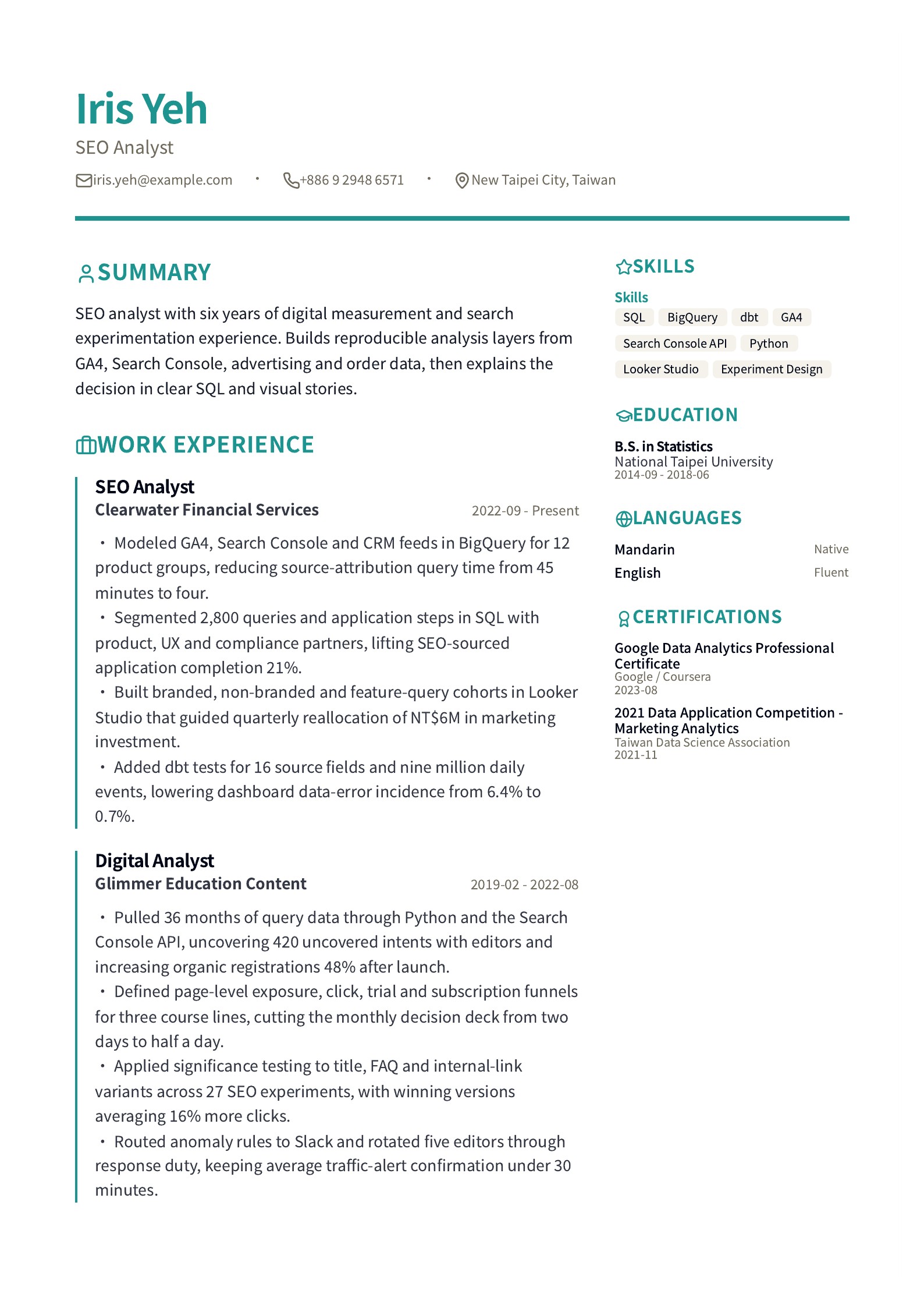 SEO Analyst Resume preview