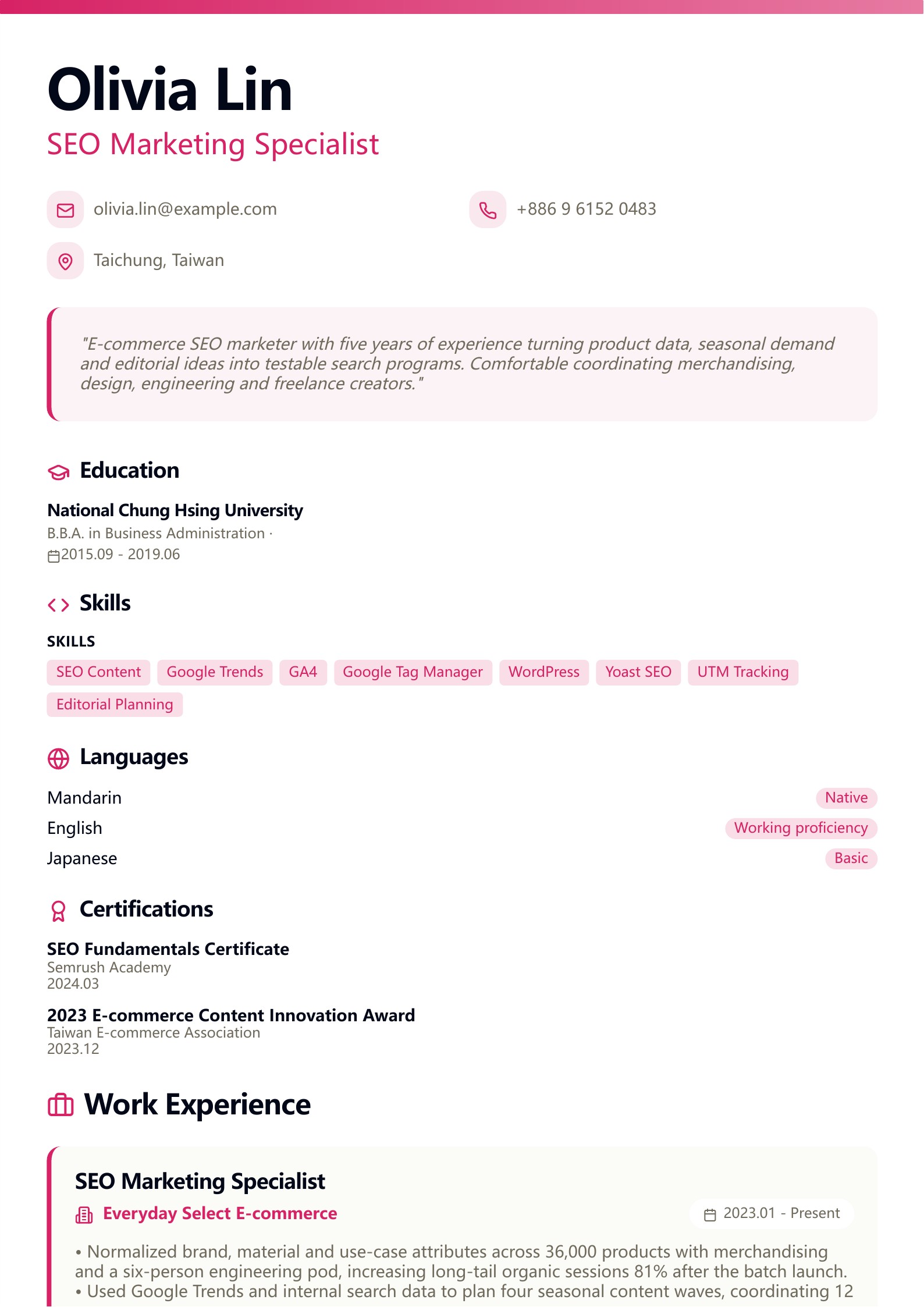 SEO Marketing Specialist Resume preview