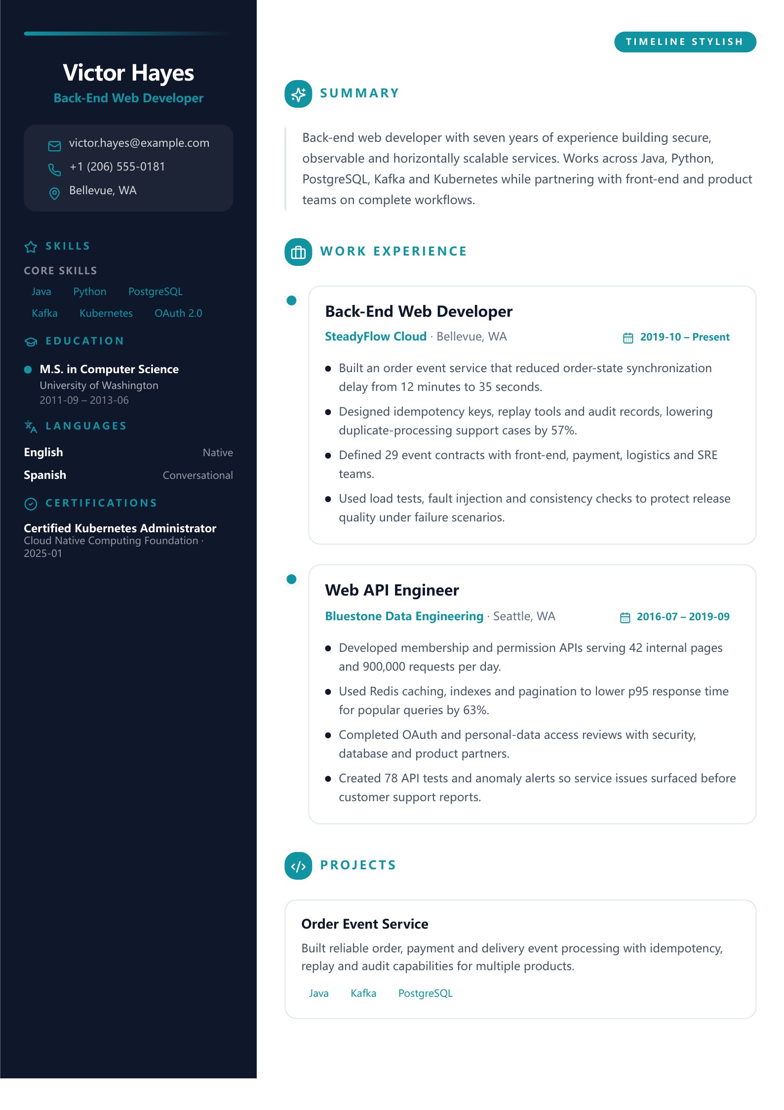 Back-End Web Developer Resume - English example