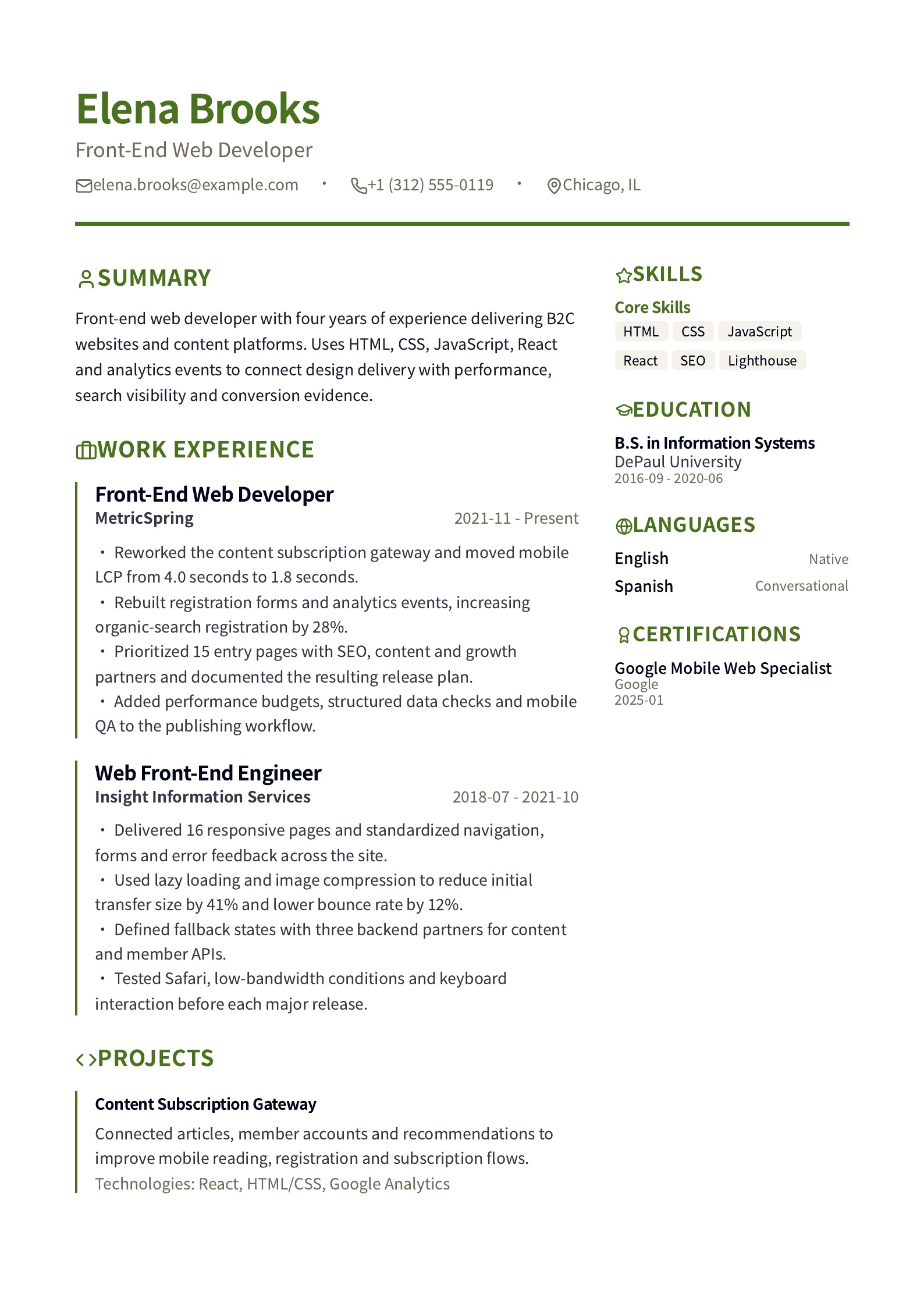 Front-End Web Developer Resume - English example