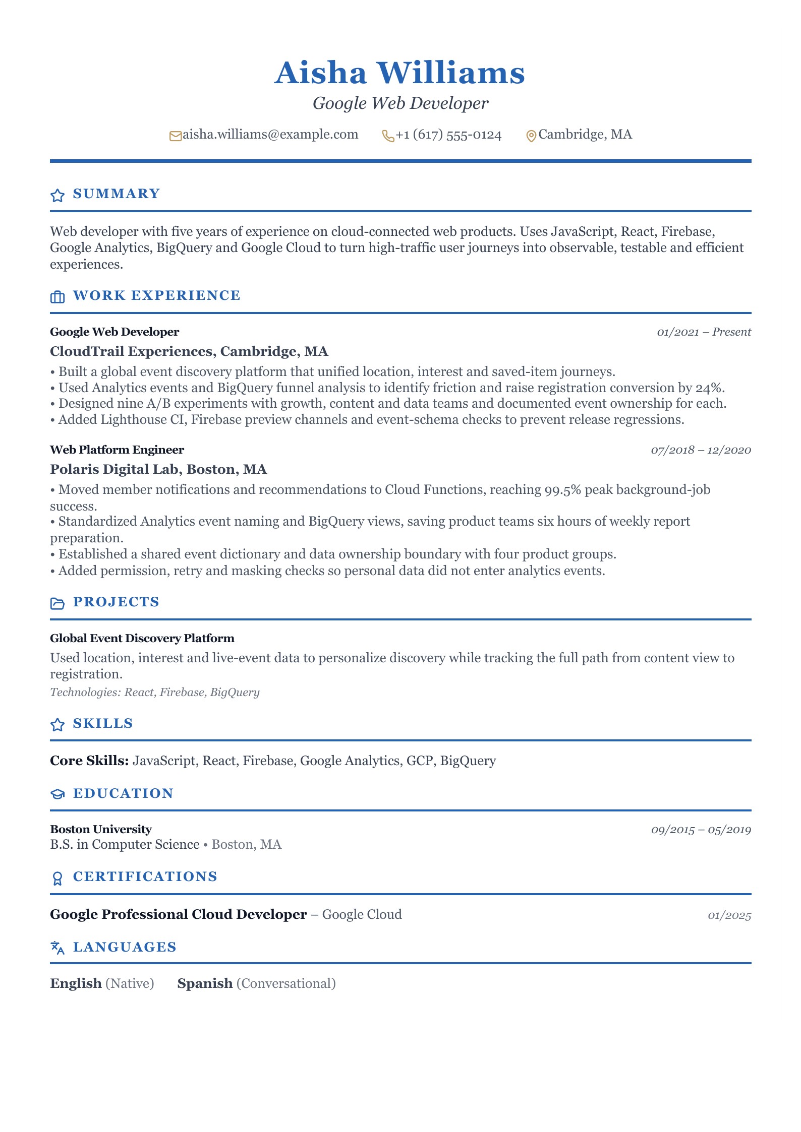 Google Web Developer Resume - English example