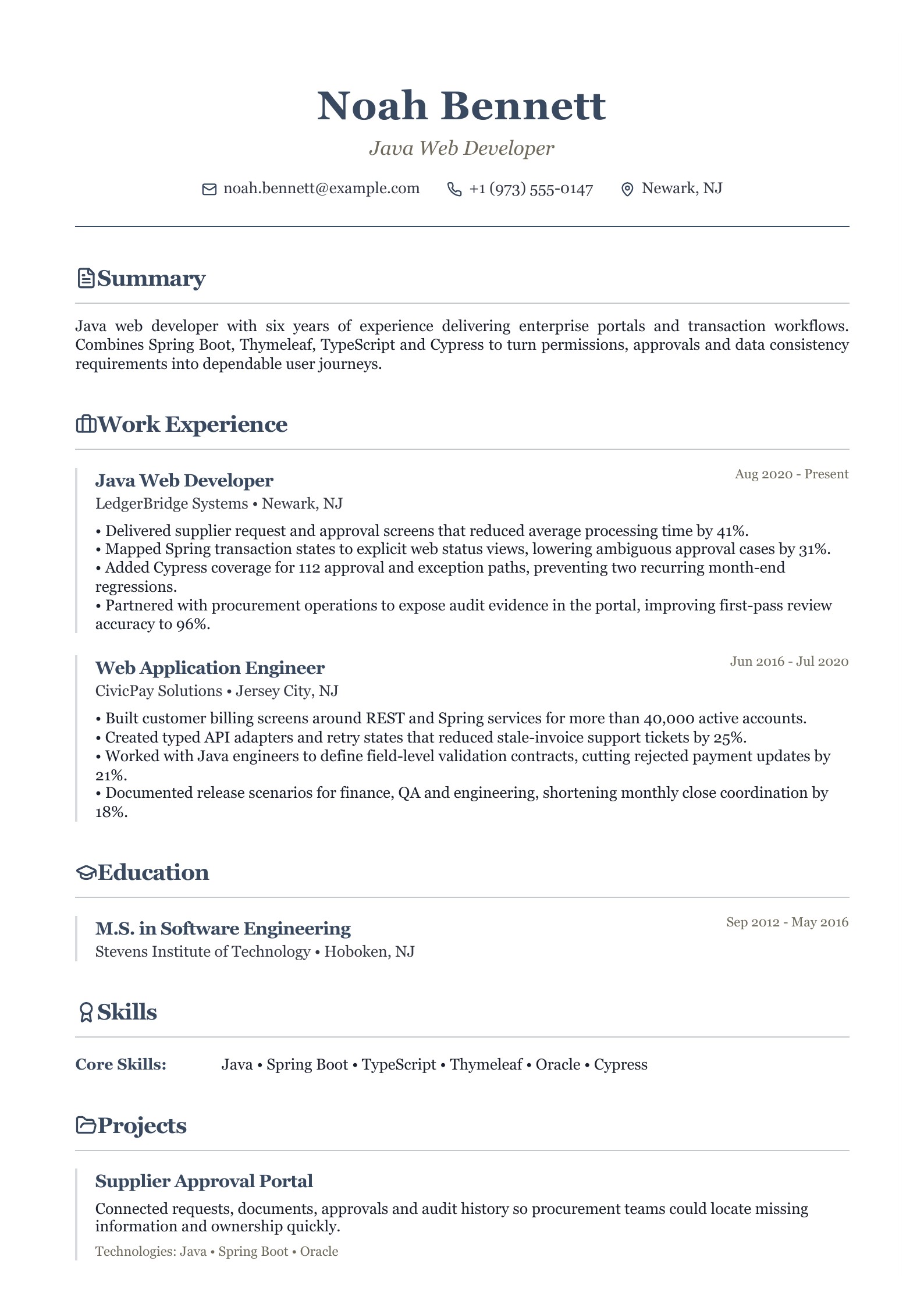 Java Web Developer Resume - English example