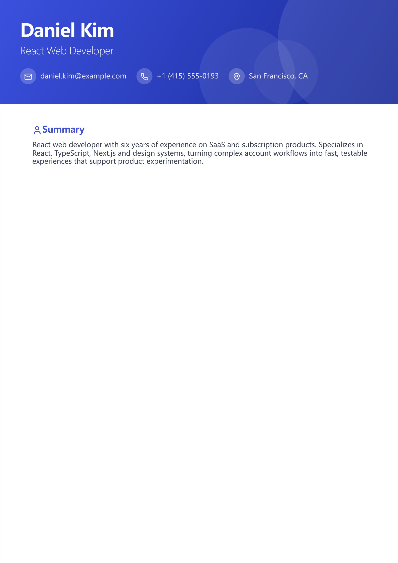 React Web Developer Resume - English example
