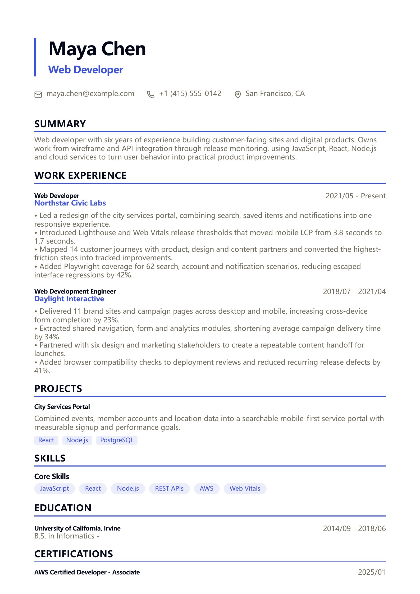 Web Developer Resume - English example
