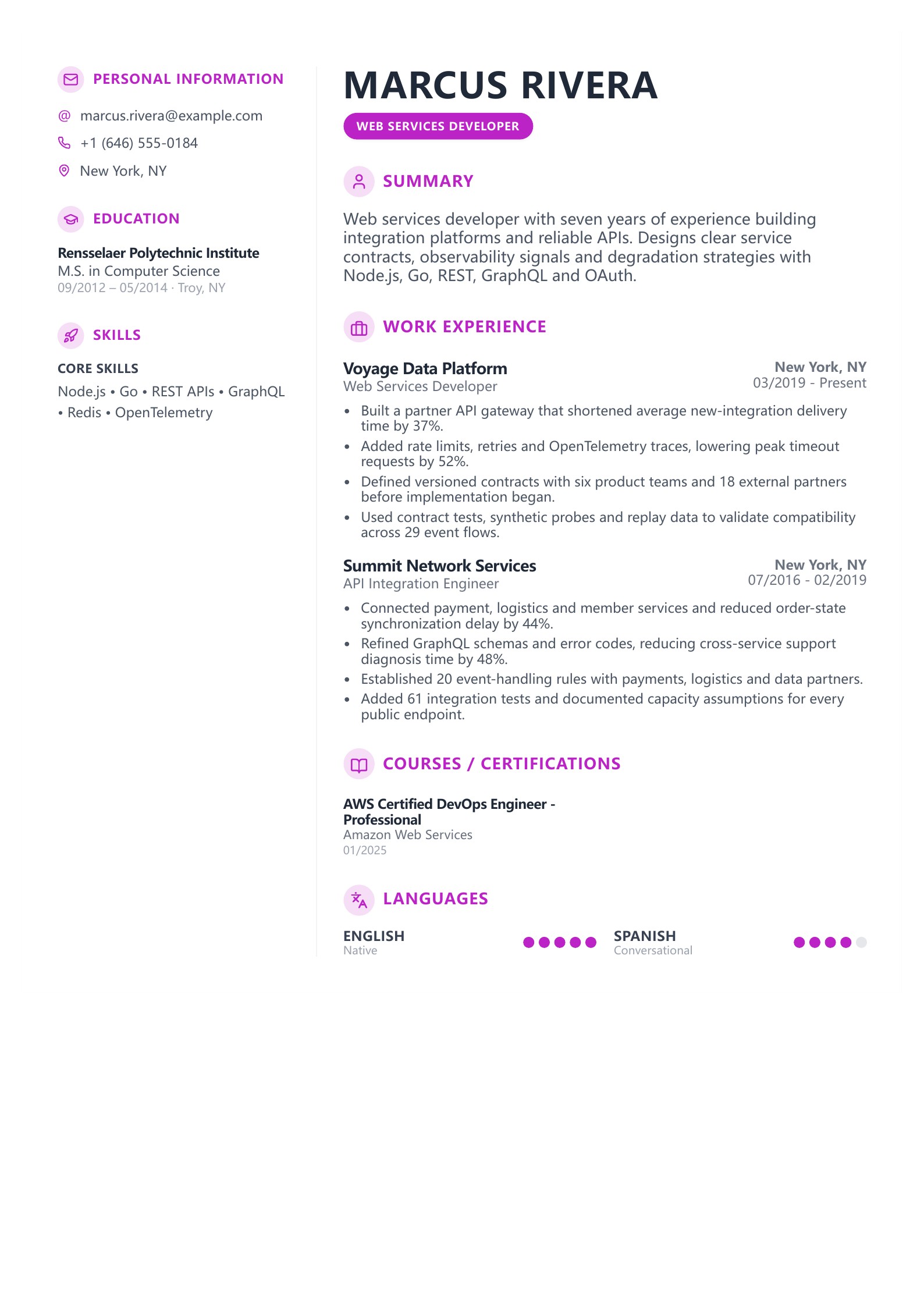 Web Services Developer Resume - English example