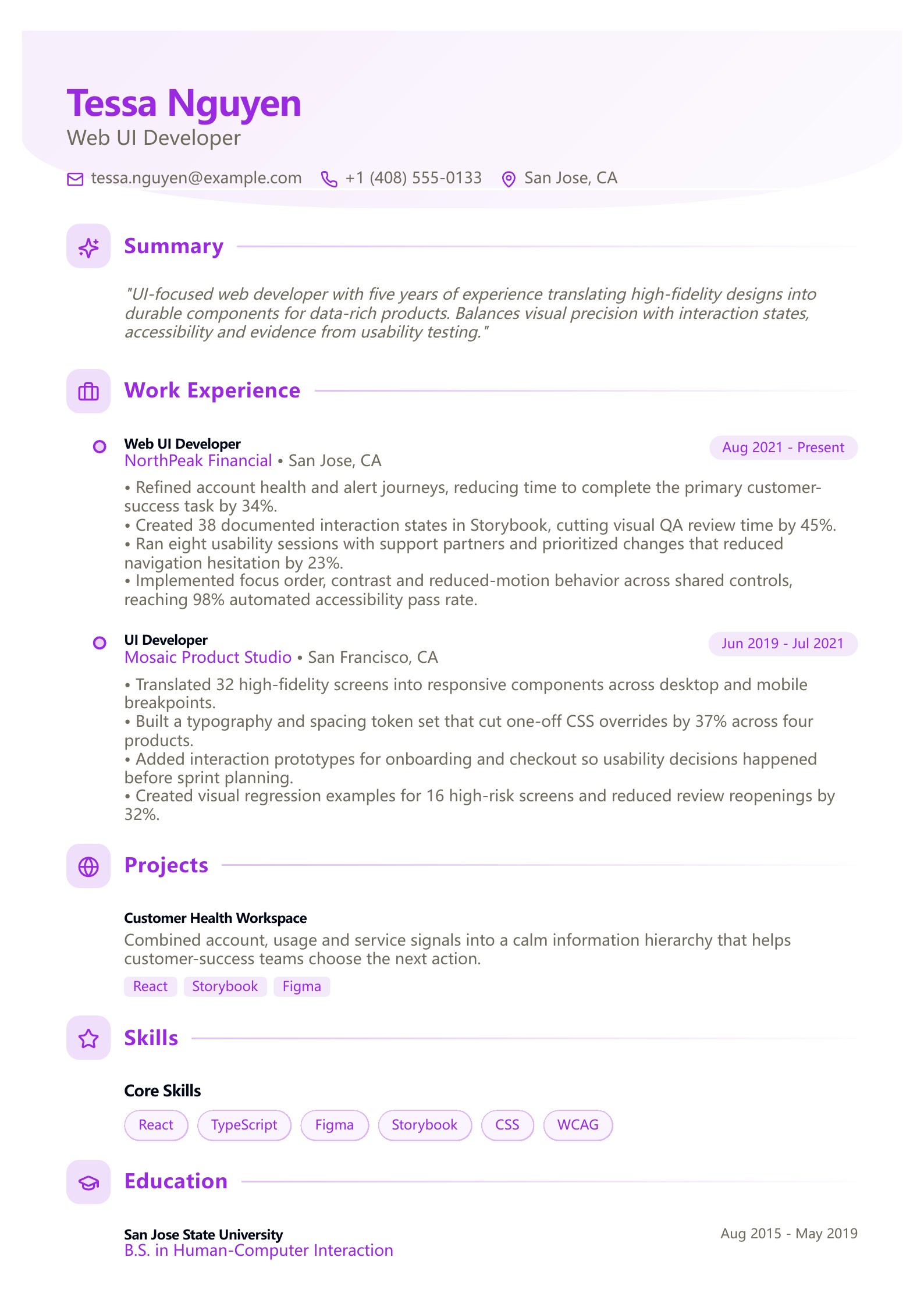 Web UI Developer Resume - English example