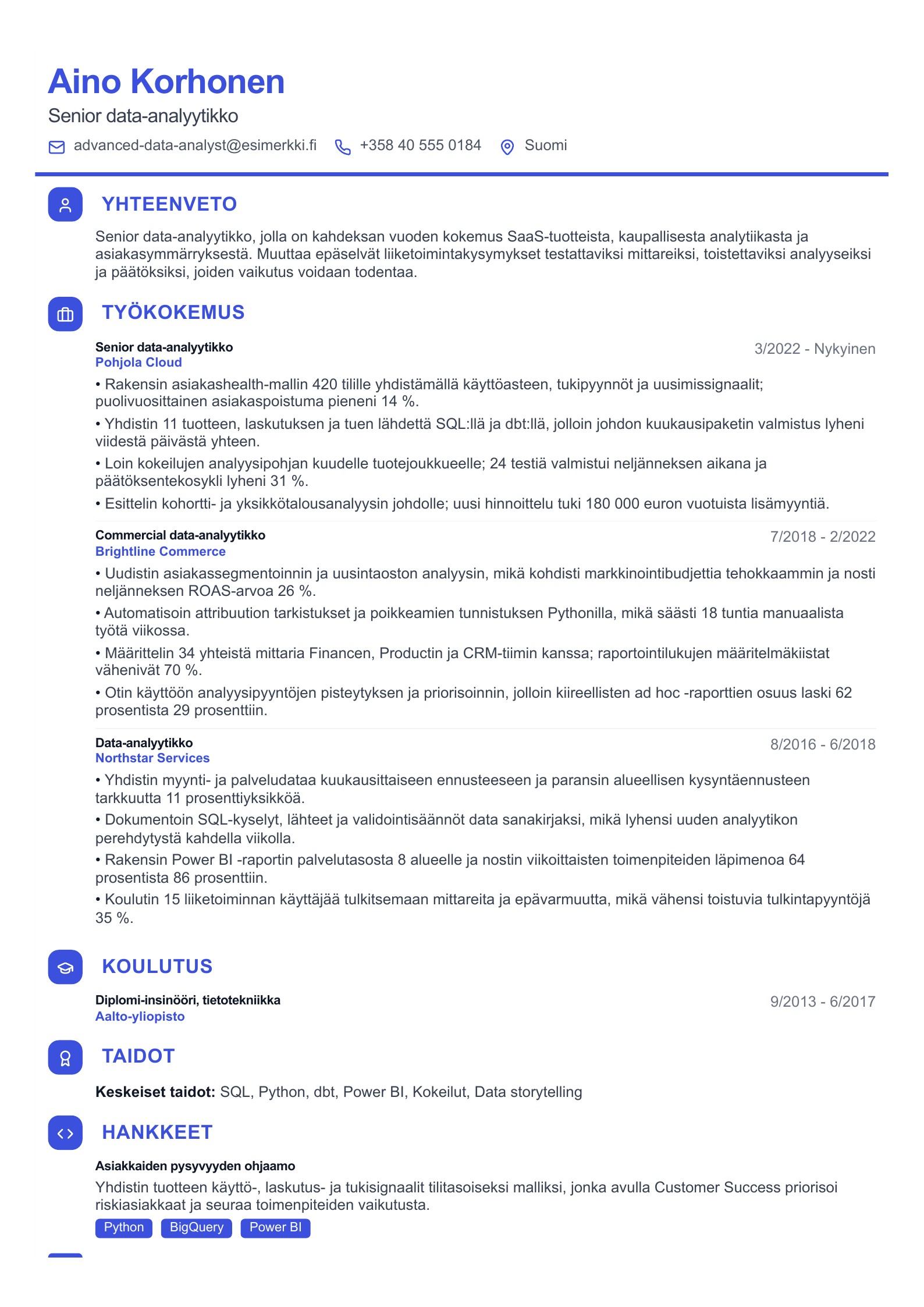 Esikatselu: Data-analyytikon CV-esimerkit PDF-latauksella ja oppaalla