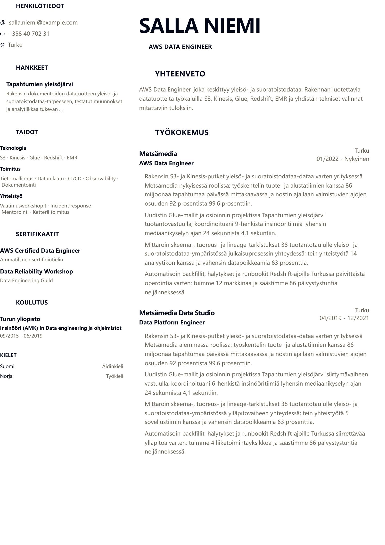 AWS Data Engineer -ansioluetteloesimerkki esikatselu
