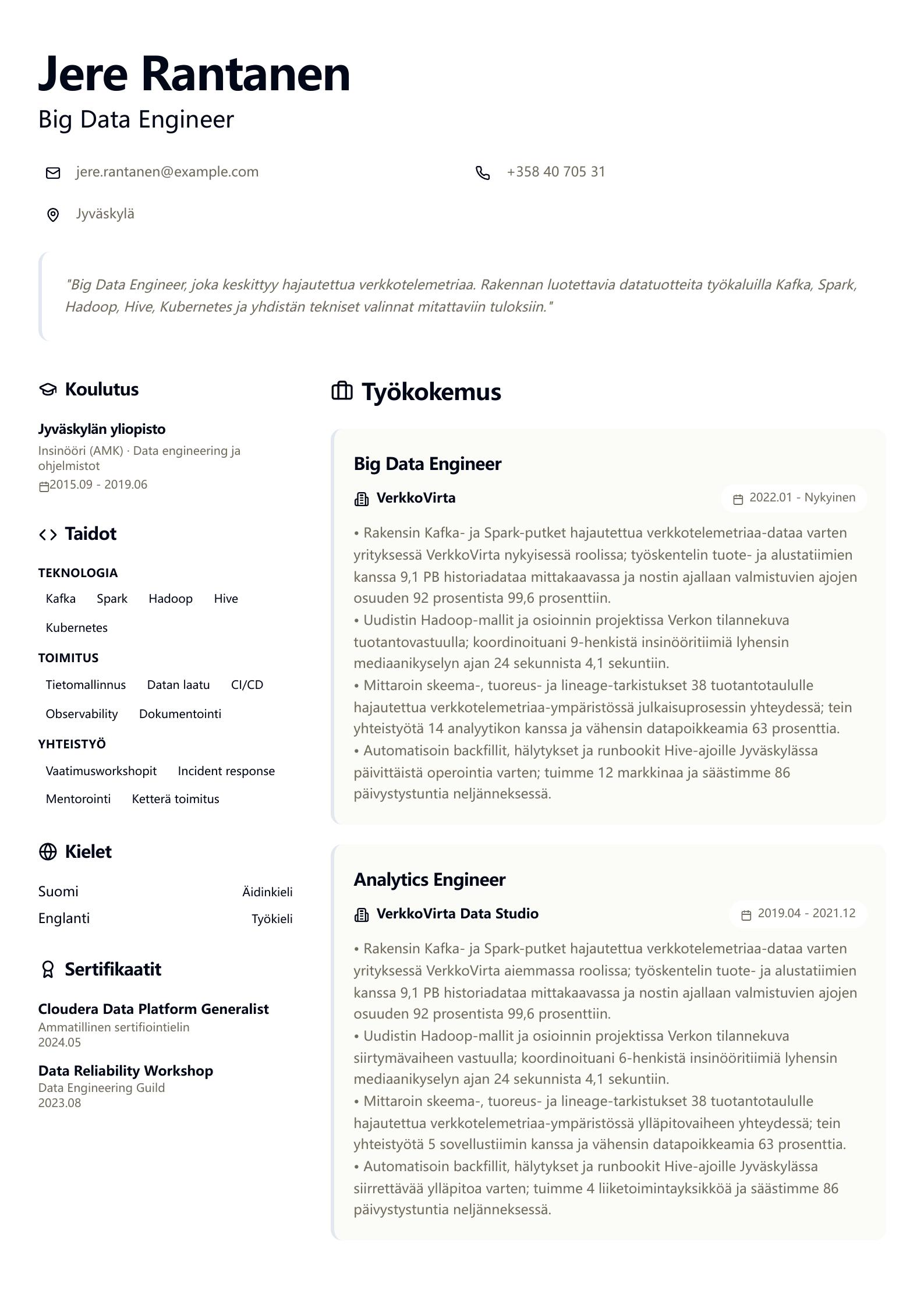 Big Data Engineer -ansioluetteloesimerkki esikatselu