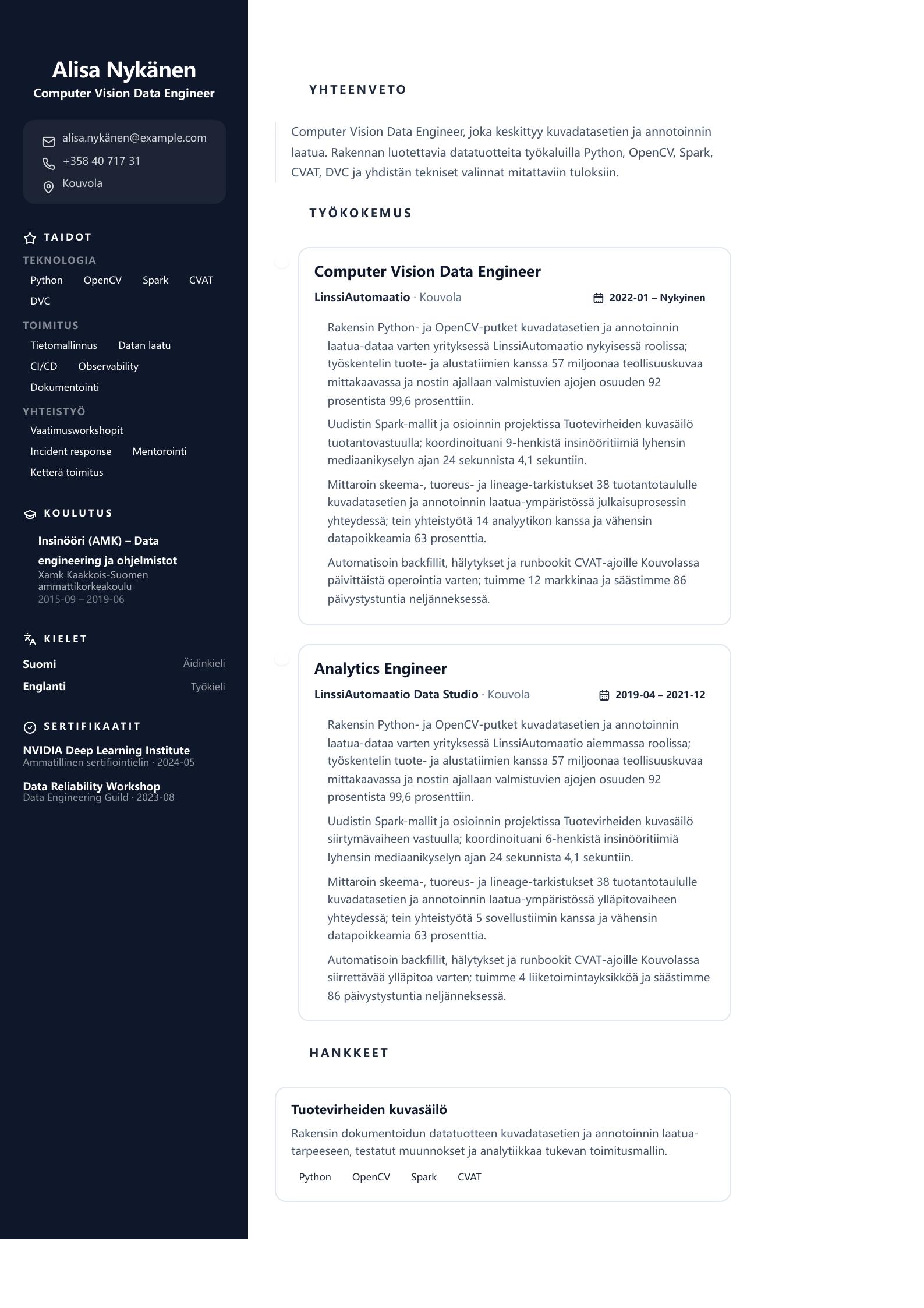 Computer Vision Data Engineer -ansioluetteloesimerkki esikatselu