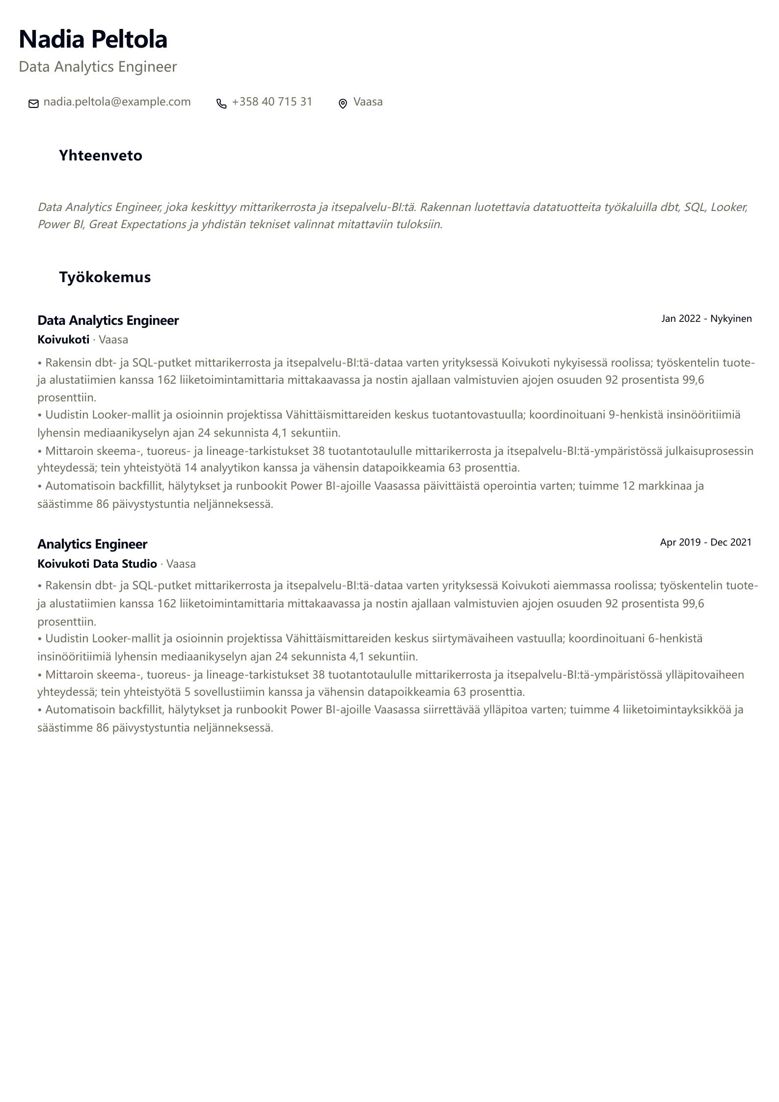 Data Analytics Engineer -ansioluetteloesimerkki esikatselu