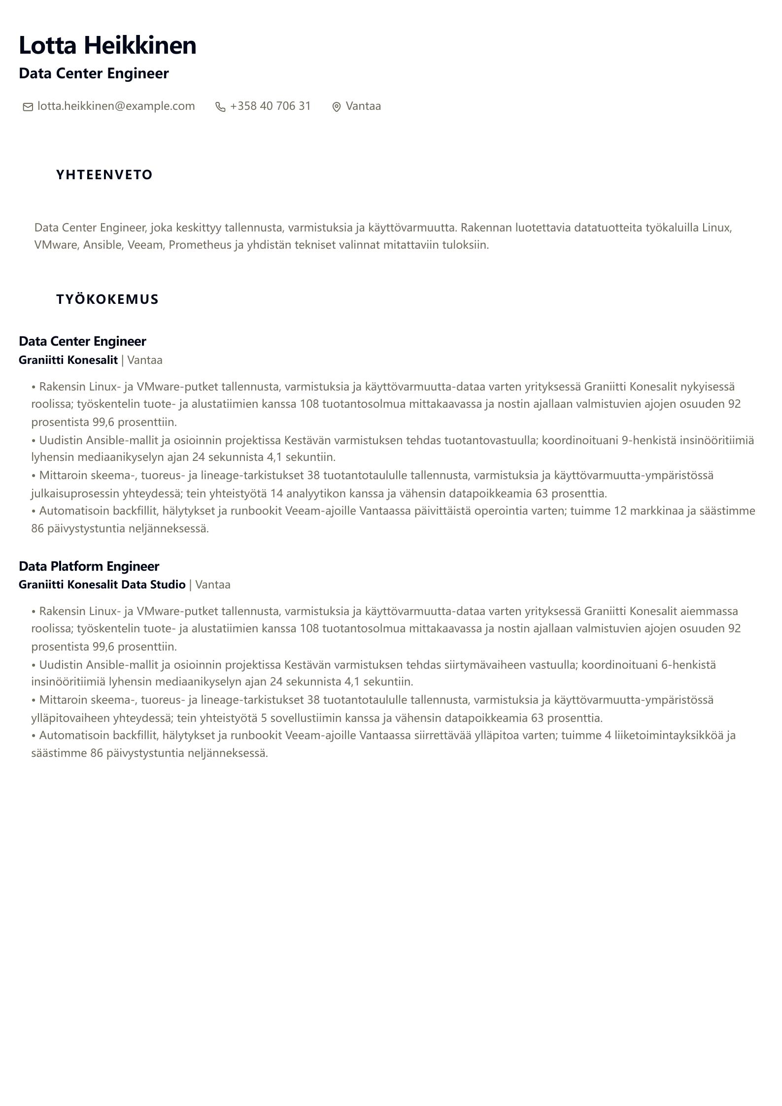 Data Center Engineer -ansioluetteloesimerkki esikatselu