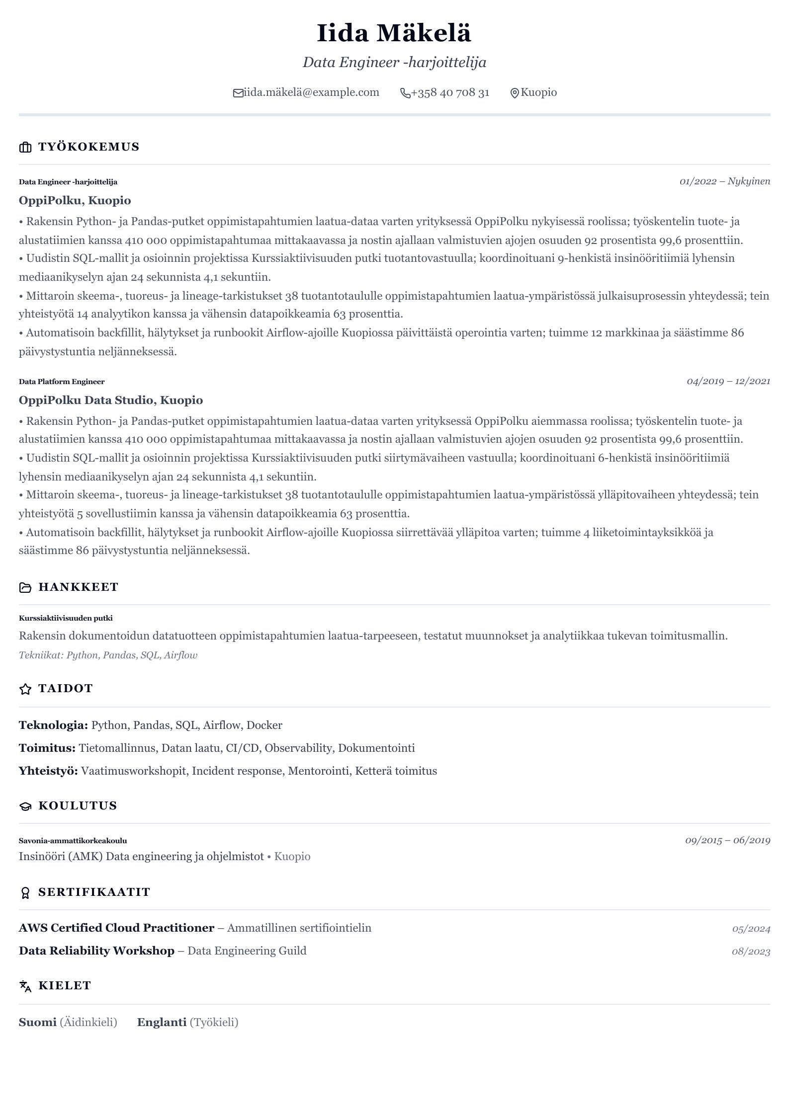 Data Engineer -harjoittelijan ansioluettelo esikatselu